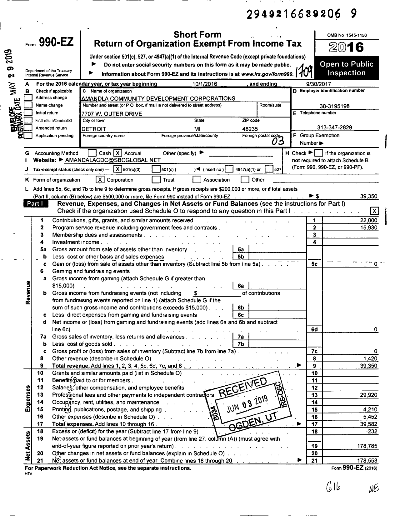 Image of first page of 2016 Form 990EZ for Amandla Community Development Corporations