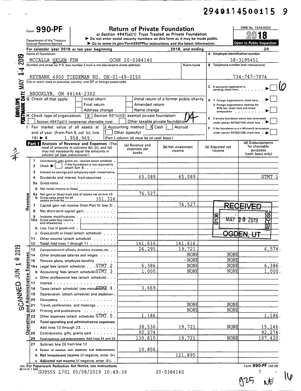 Image of first page of 2018 Form 990PF for Mccalla Helen Foundation Ochr
