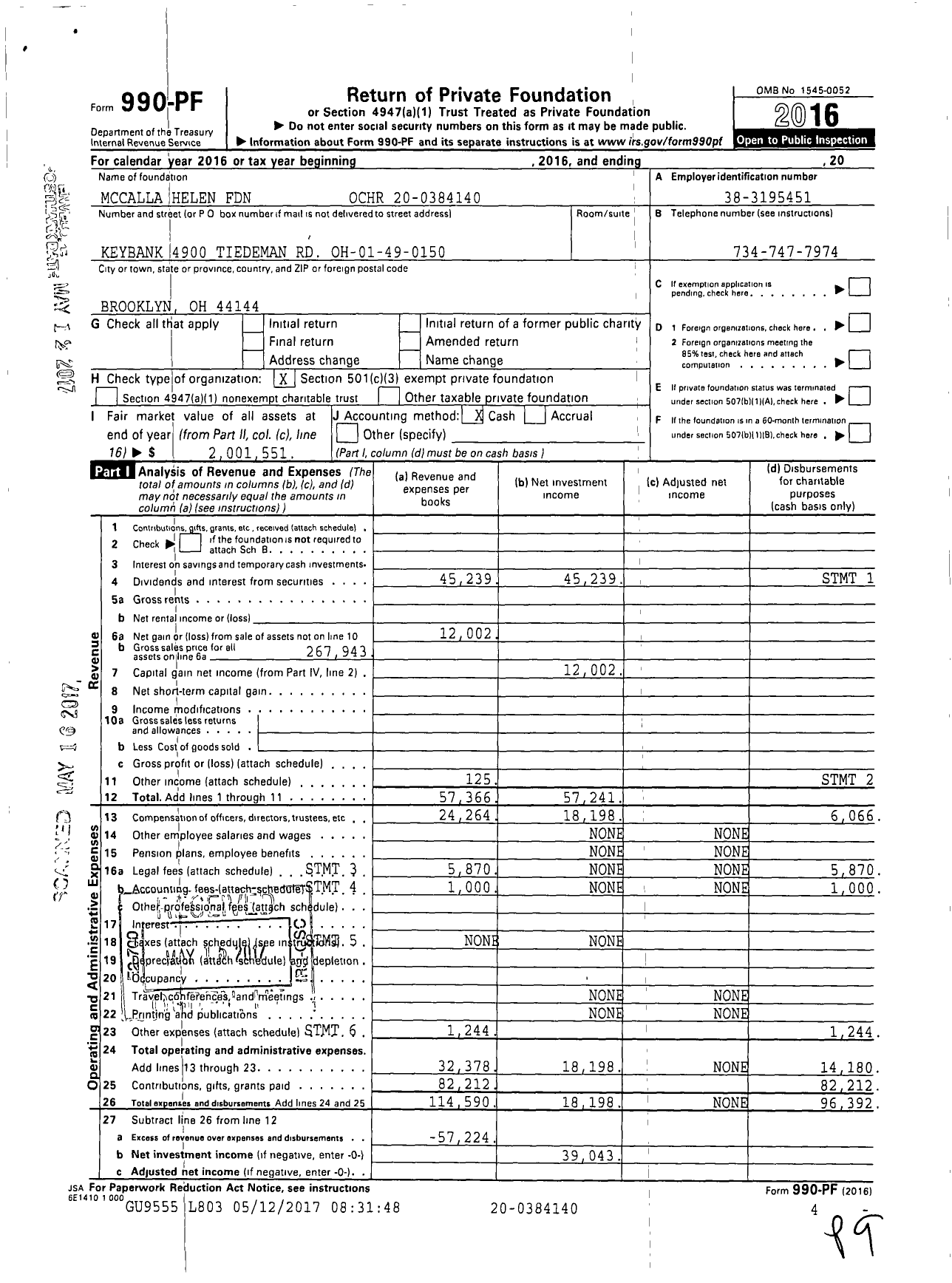 Image of first page of 2016 Form 990PF for Mccalla Helen Foundation Ochr