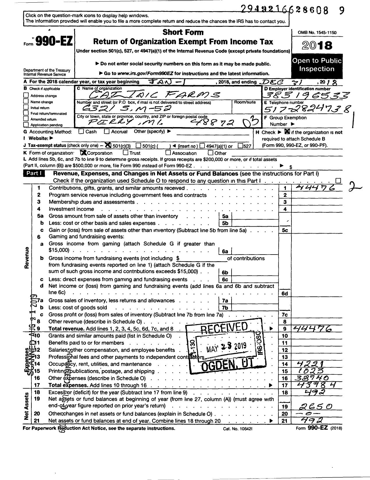 Image of first page of 2018 Form 990EZ for Cat Tail Farms Feline Sanctuary