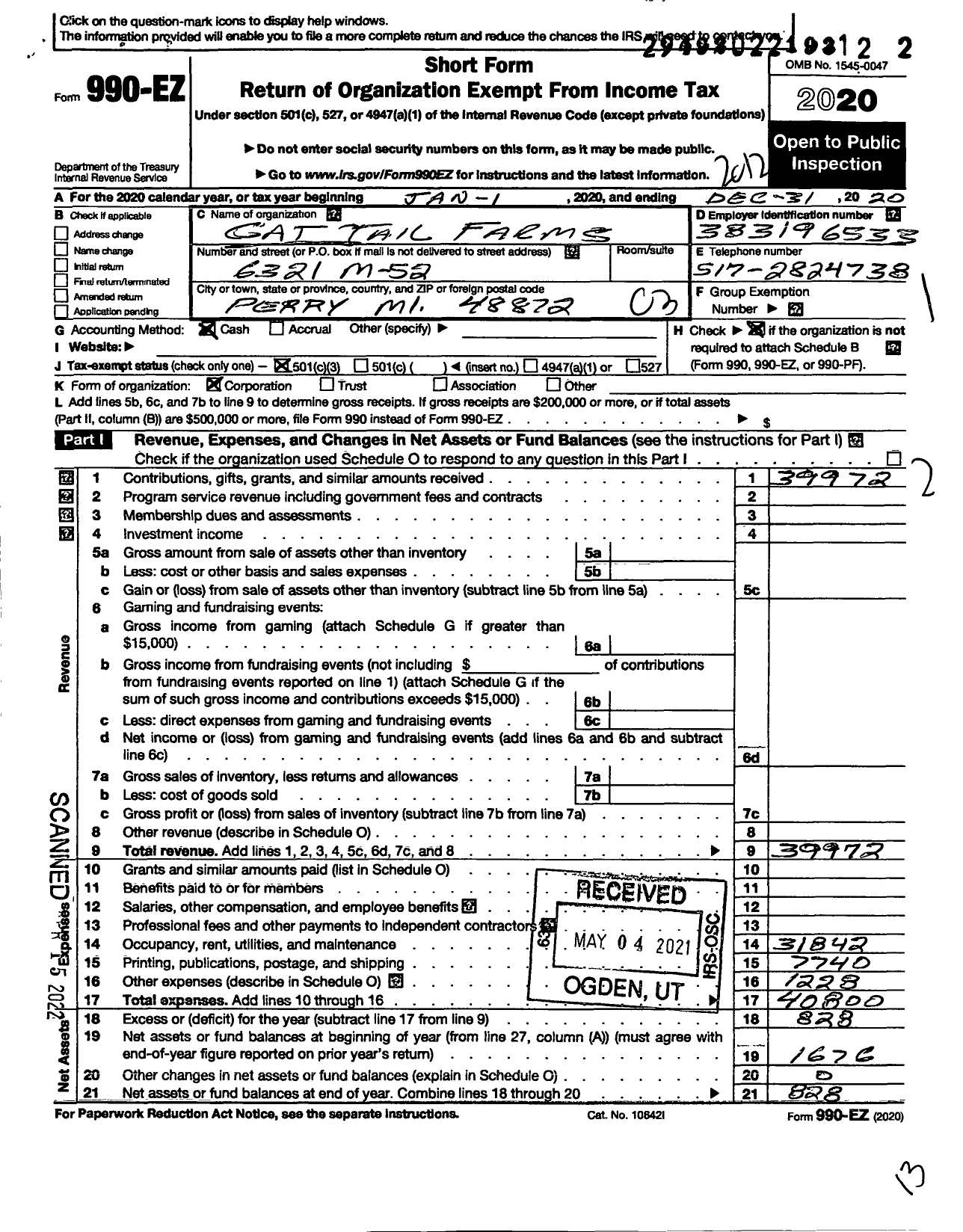 Image of first page of 2020 Form 990EZ for Cat Tail Farms Feline Sanctuary