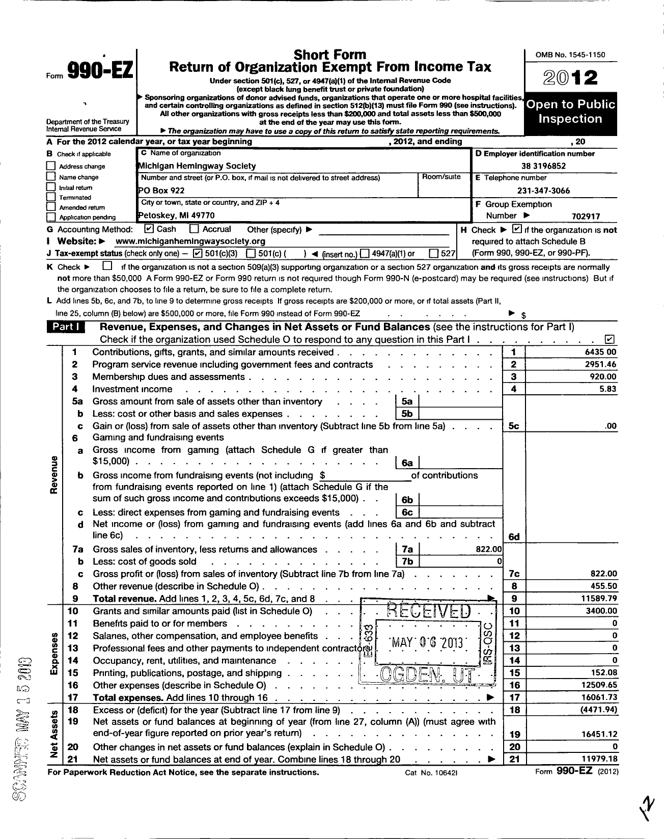 Image of first page of 2012 Form 990EZ for Michigan Hemingway Society