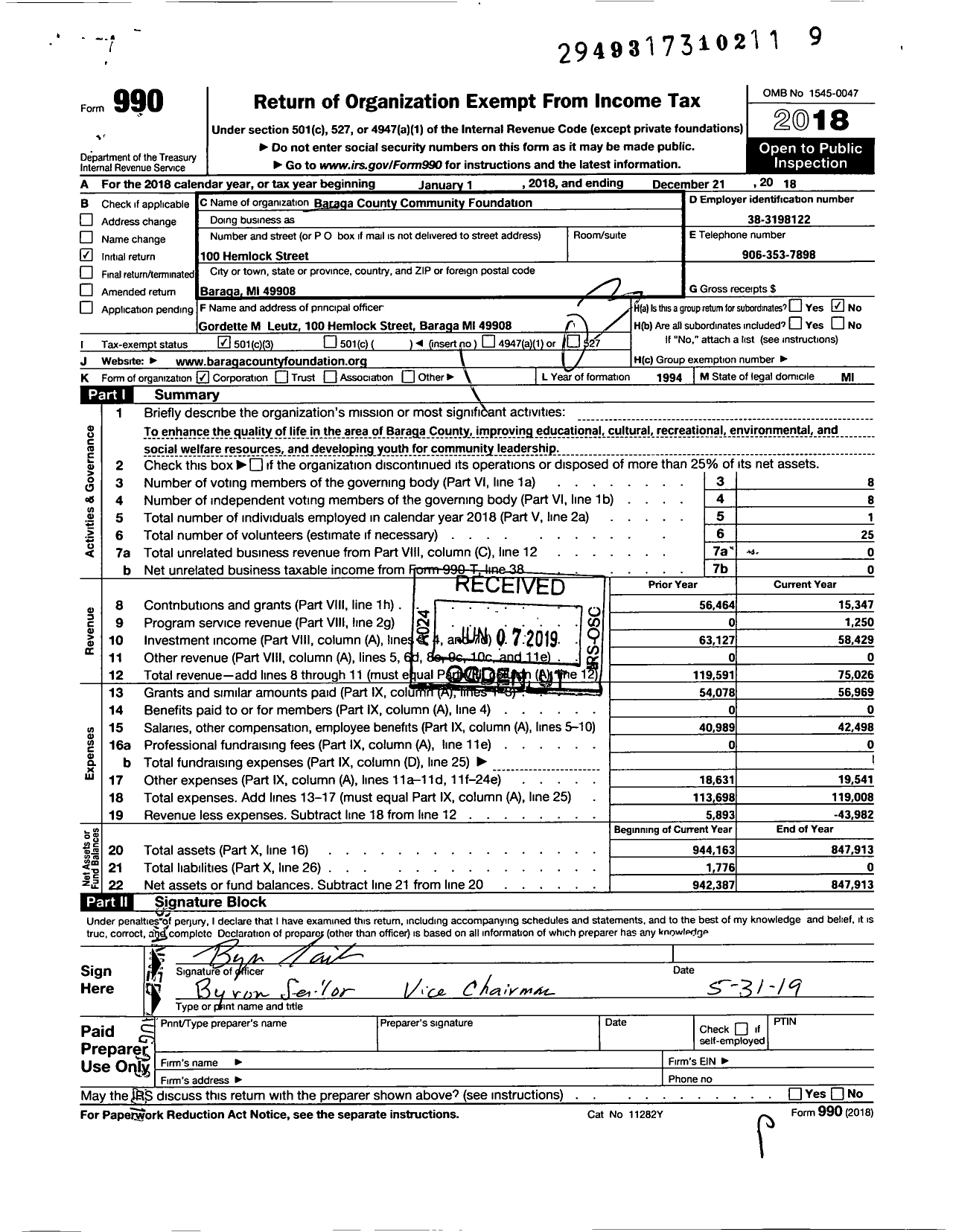 Image of first page of 2018 Form 990 for Baraga County Community Foundation