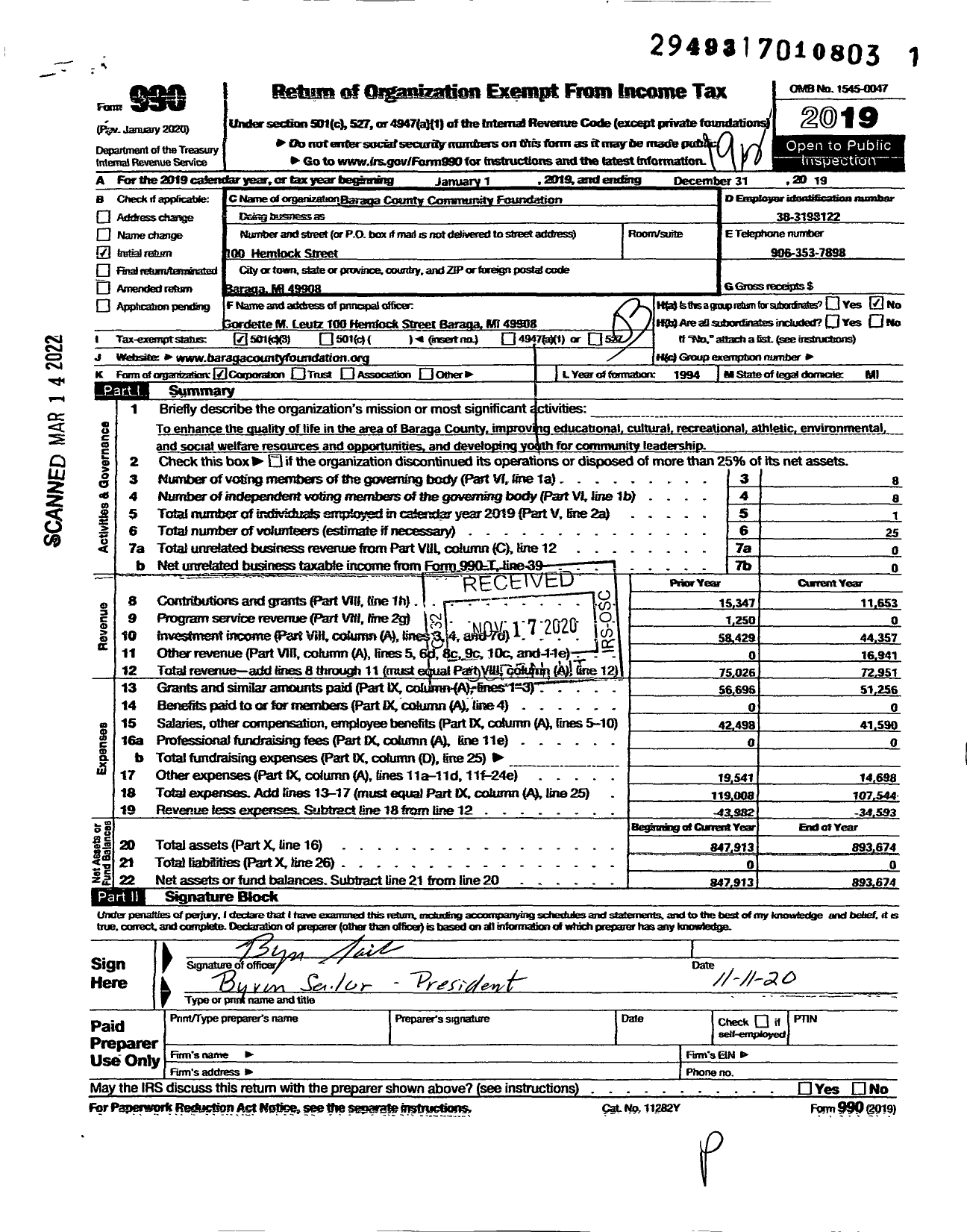 Image of first page of 2019 Form 990 for Baraga County Community Foundation