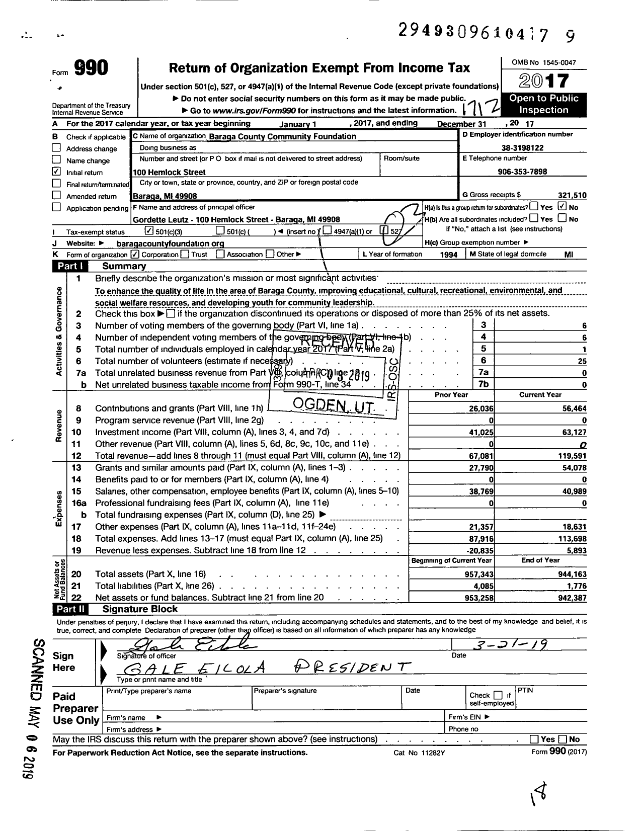 Image of first page of 2017 Form 990 for Baraga County Community Foundation