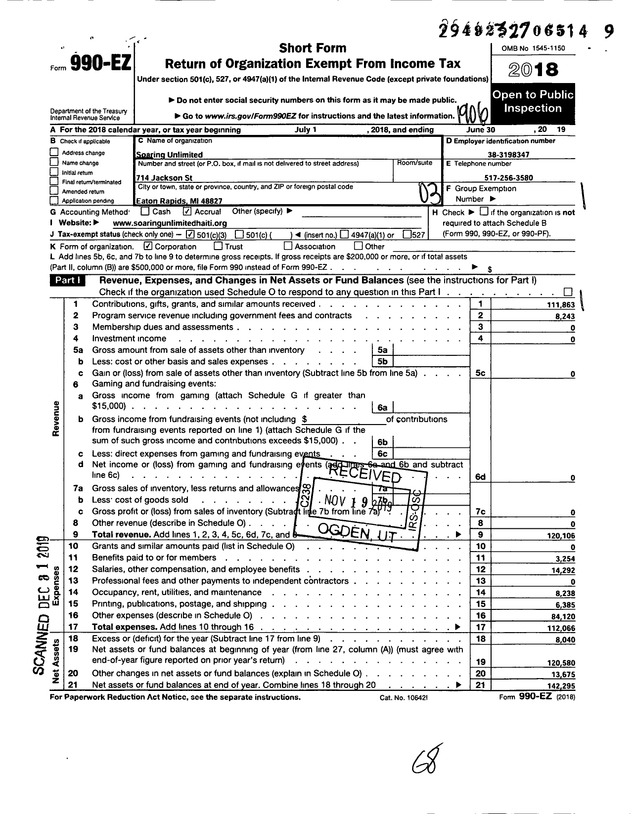 Image of first page of 2018 Form 990EZ for Centre de Sante Soaring Pister