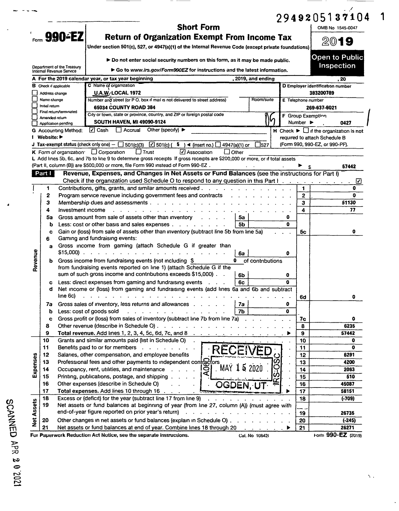 Image of first page of 2019 Form 990EO for Uaw - 1972 Local