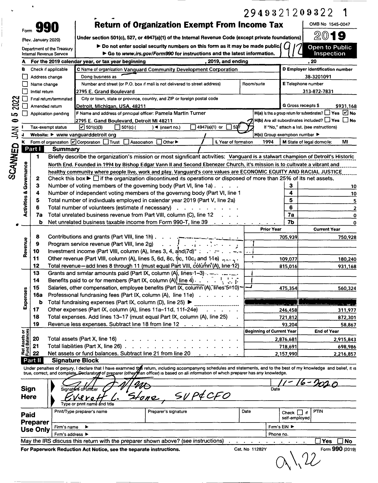 Image of first page of 2019 Form 990 for Vanguard Community Development Corporation (VCDC)