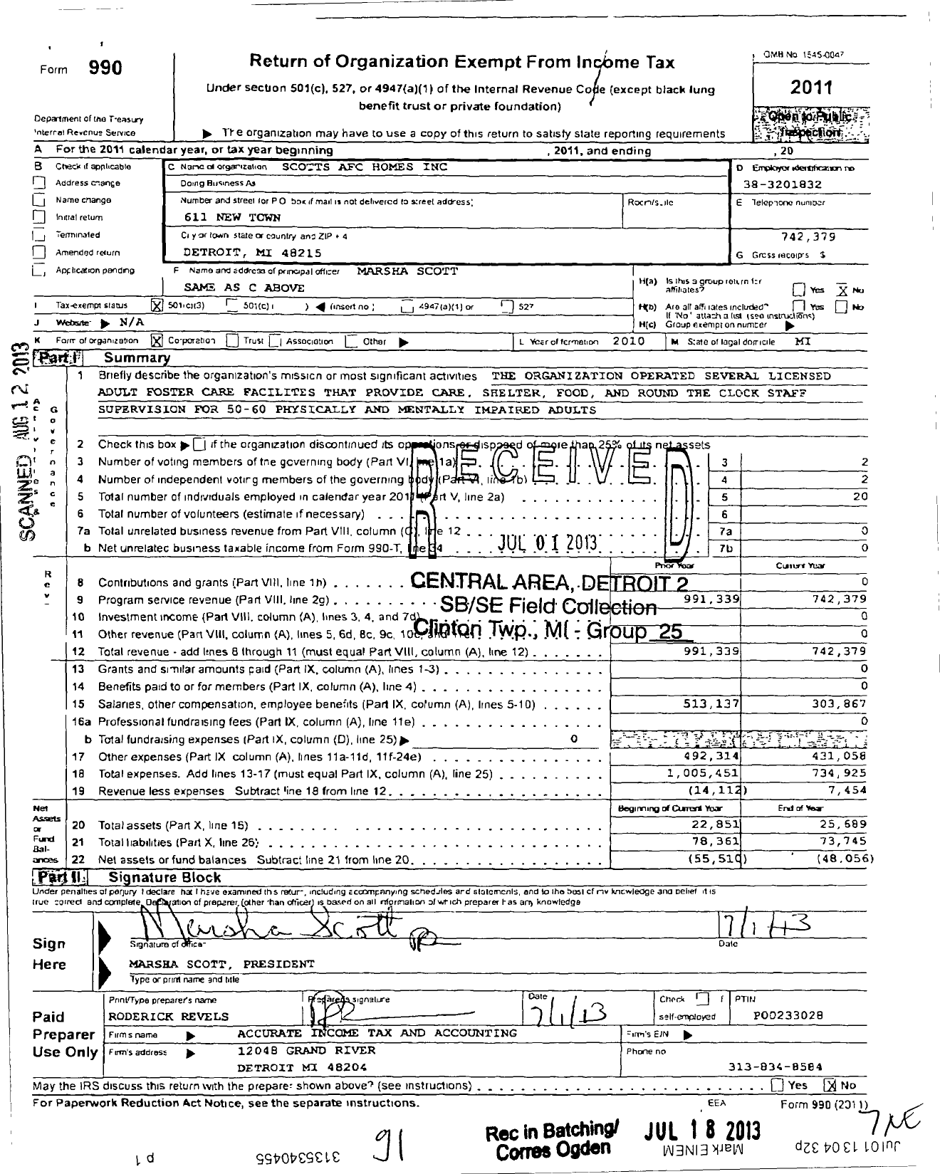 Image of first page of 2011 Form 990 for Scotts Afc Homes