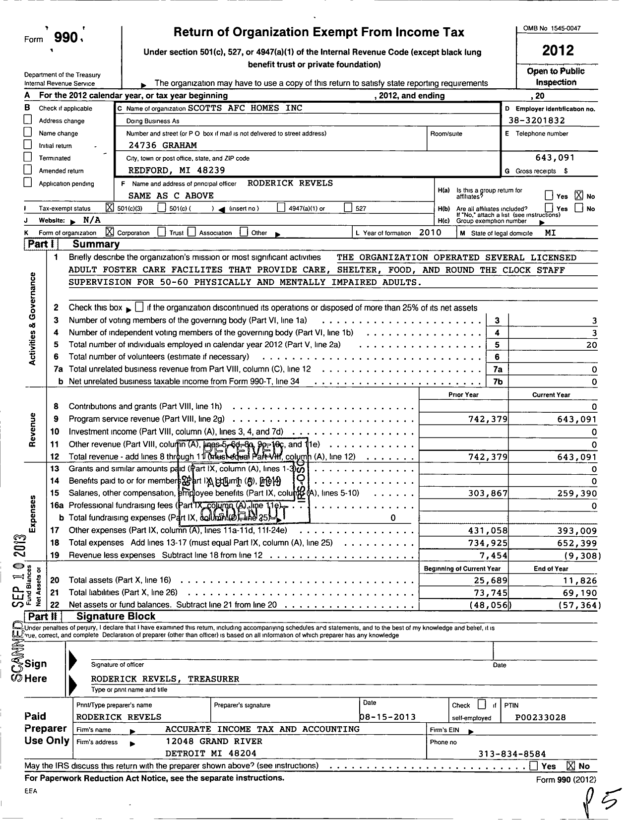 Image of first page of 2012 Form 990 for Scotts Afc Homes