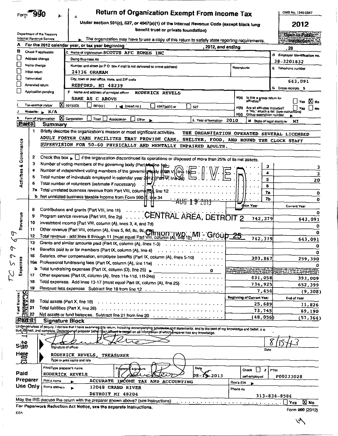 Image of first page of 2012 Form 990 for Scotts Afc Homes