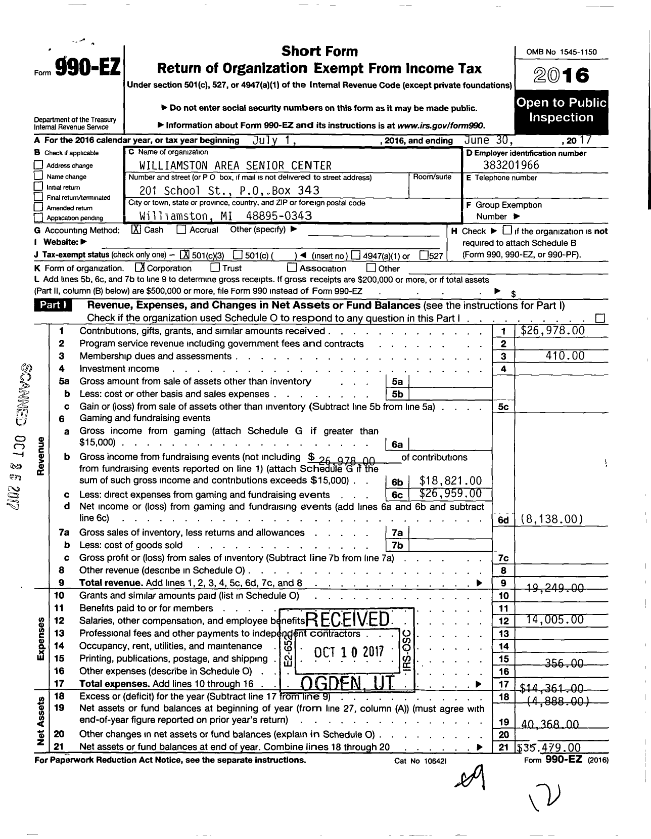 Image of first page of 2016 Form 990EZ for Williamston Area Senior Center