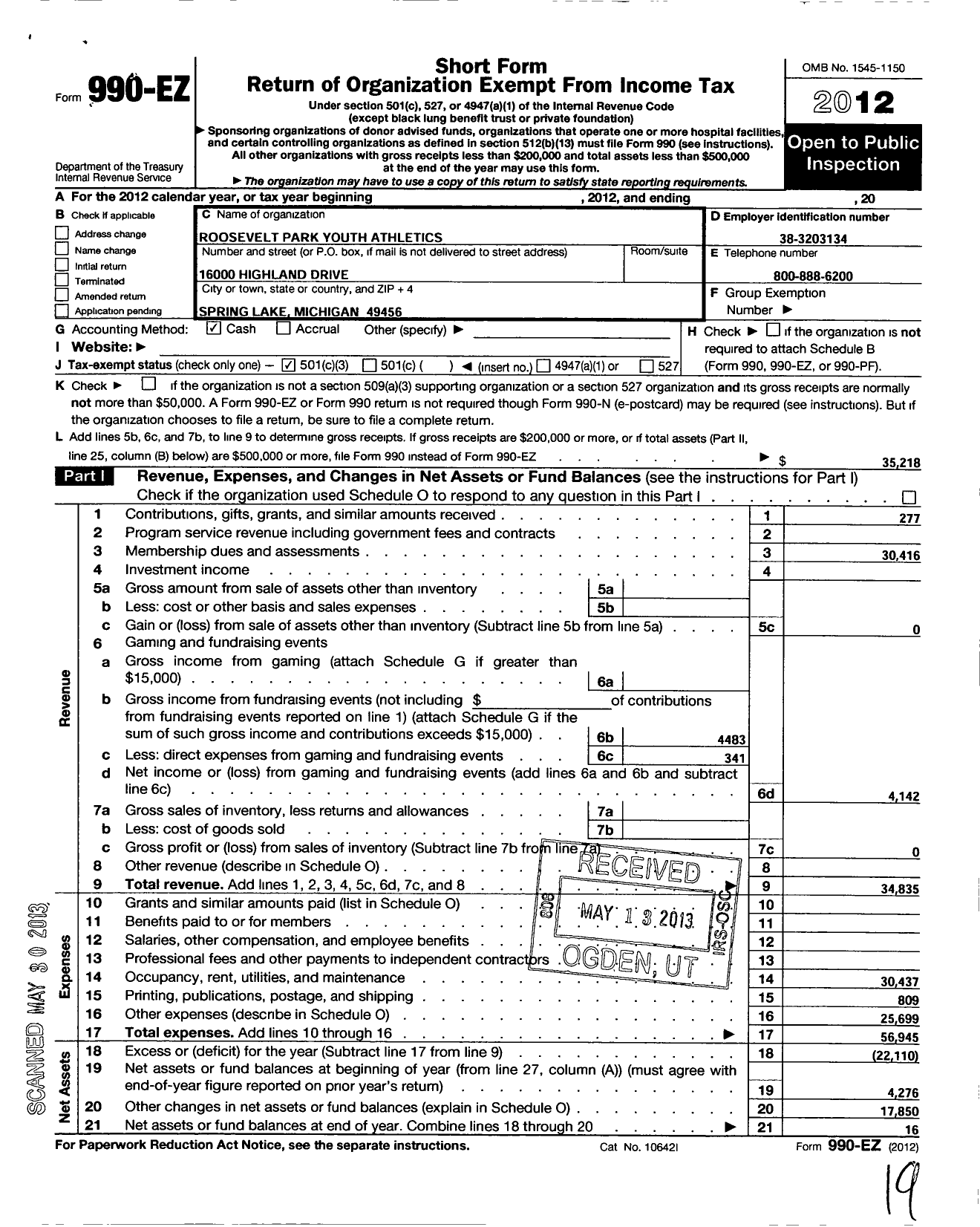 Image of first page of 2012 Form 990EZ for Roosevelt Park Youth Athletics