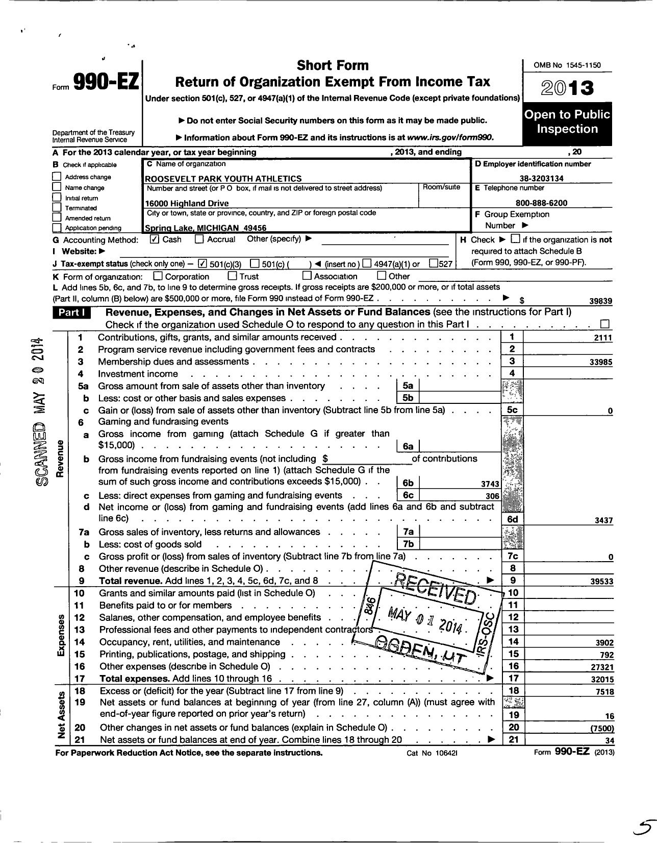 Image of first page of 2013 Form 990EZ for Roosevelt Park Youth Athletics