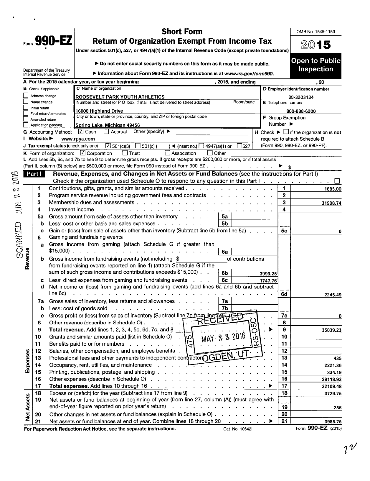 Image of first page of 2015 Form 990EZ for Roosevelt Park Youth Athletics