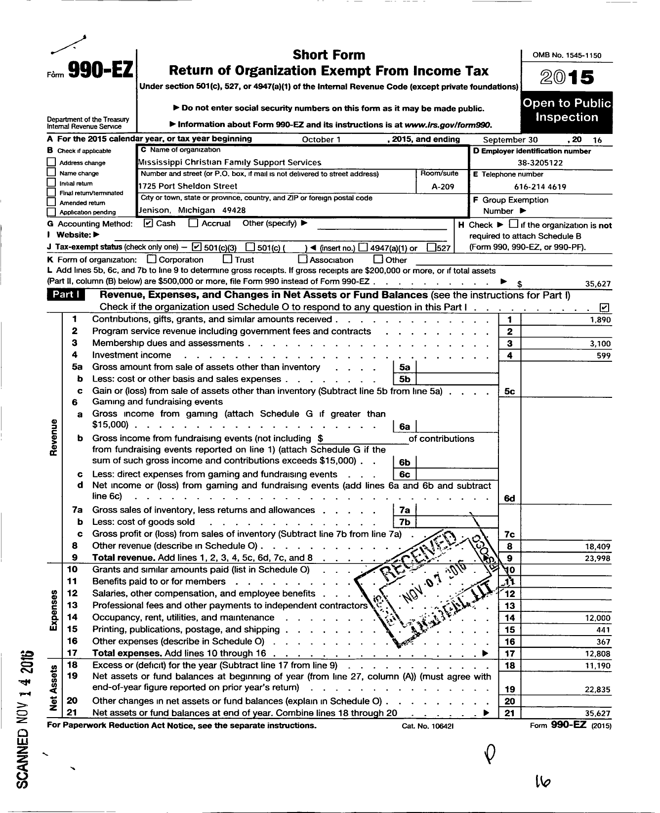 Image of first page of 2015 Form 990EZ for Mississippi Christian Family Services Support Auxiliary