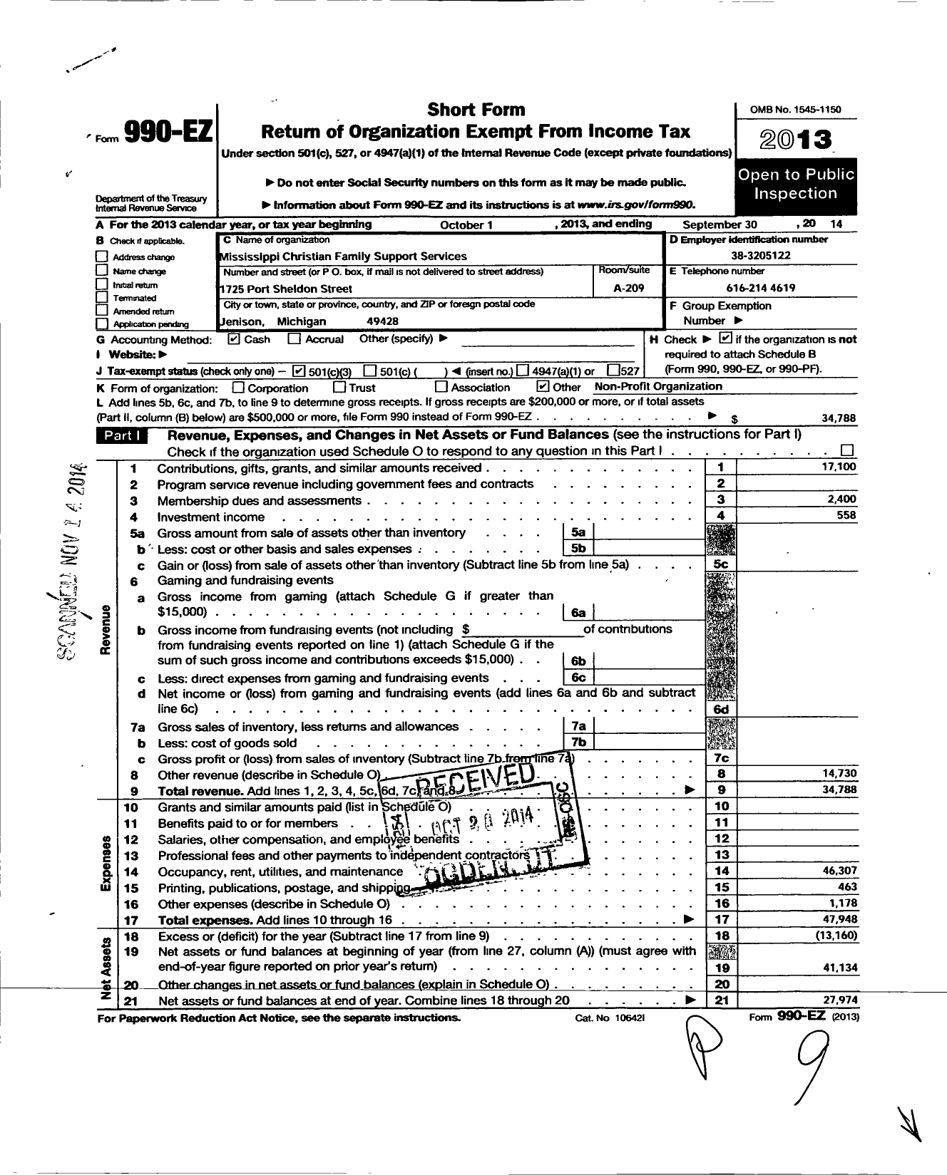 Image of first page of 2013 Form 990EZ for Mississippi Christian Family Services Support Auxiliary