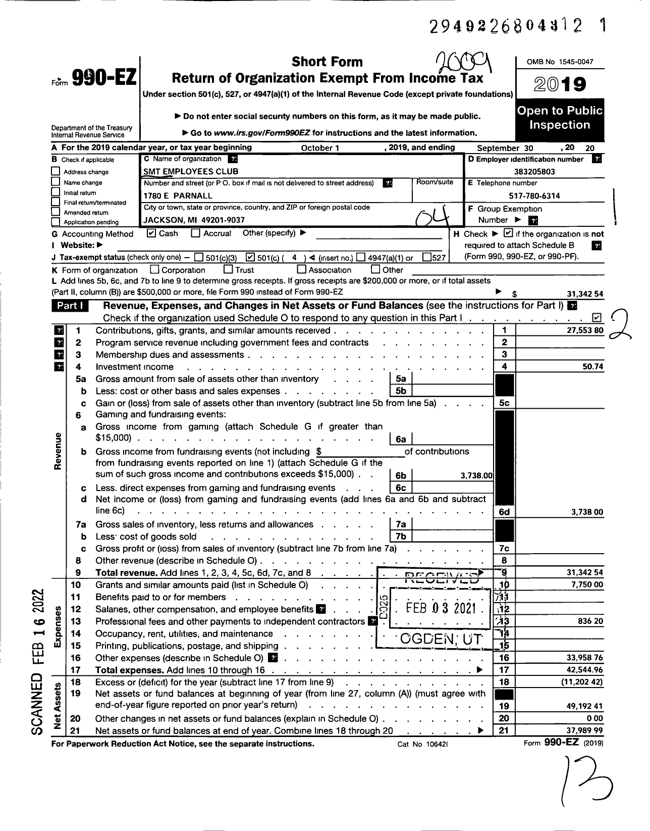 Image of first page of 2019 Form 990EO for SMT Employees Club