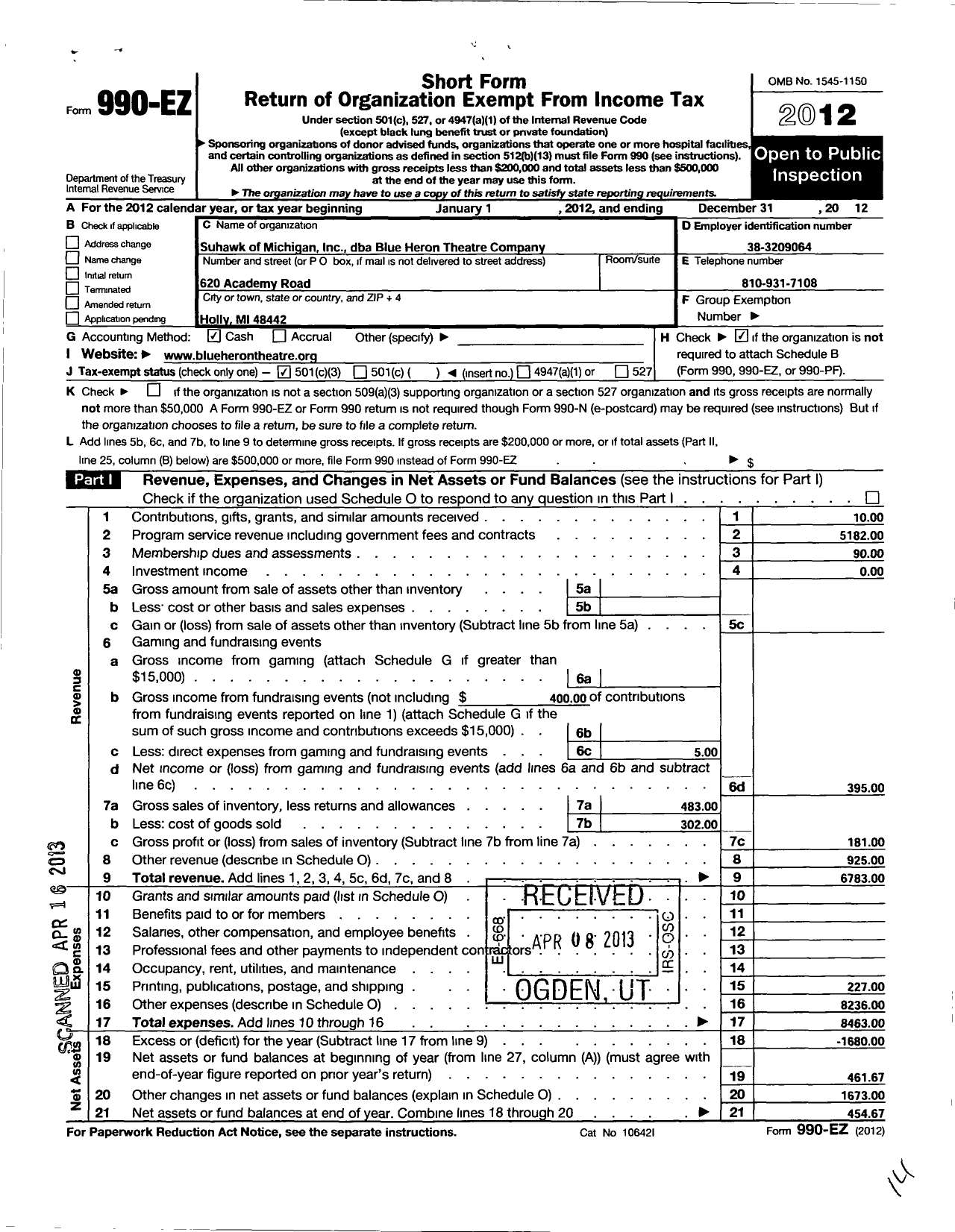 Image of first page of 2012 Form 990EZ for Suhawk of Michigan