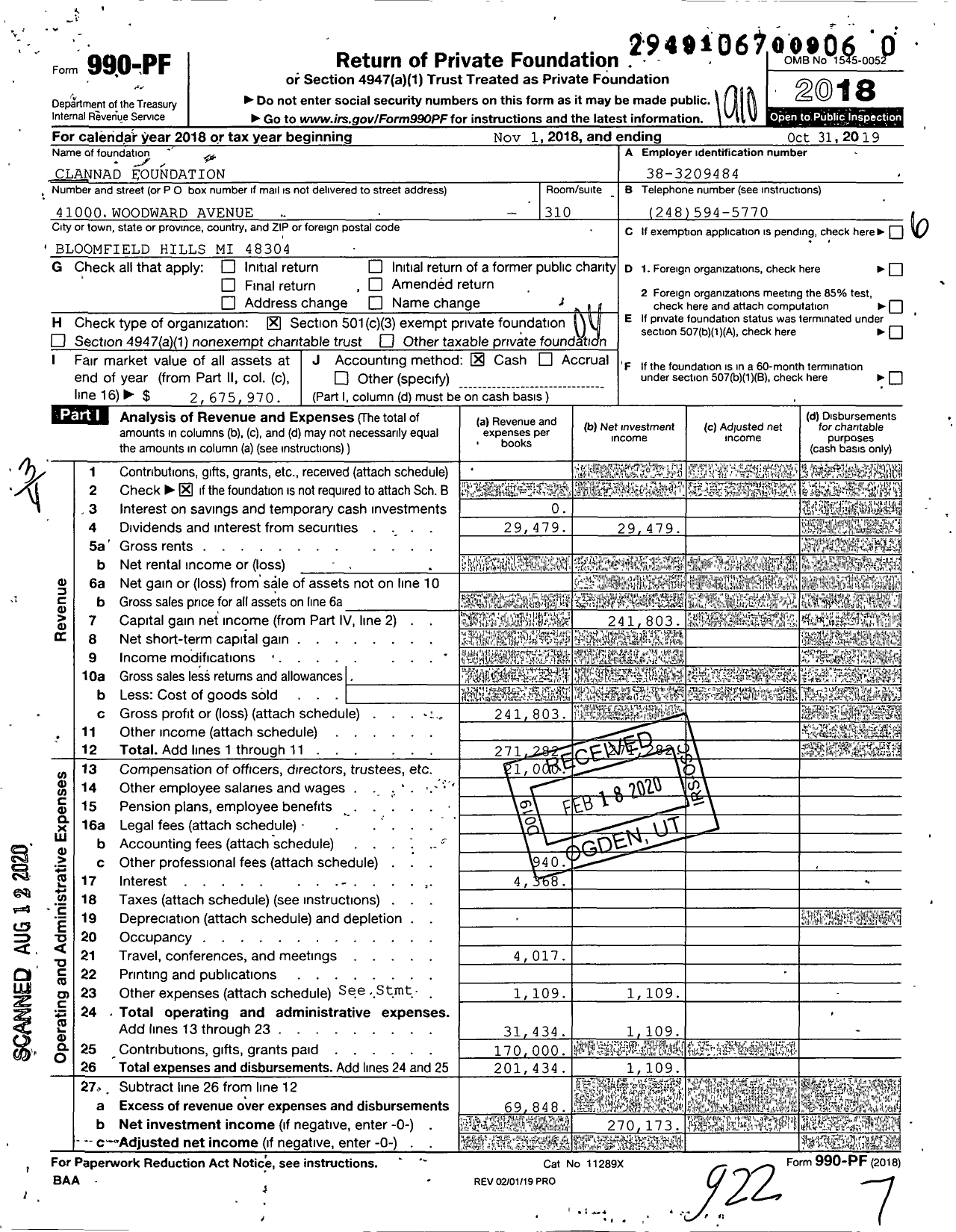 Image of first page of 2018 Form 990PR for Clannad Foundation