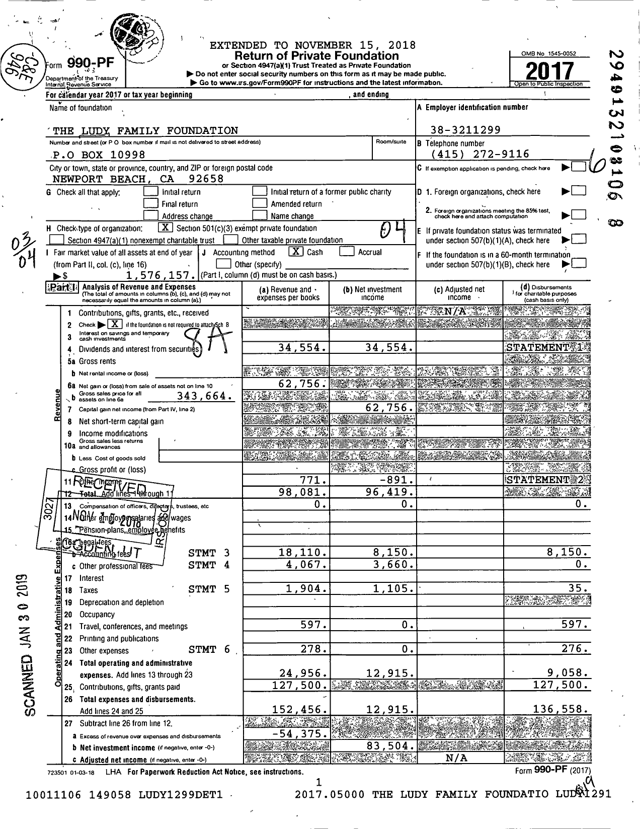 Image of first page of 2017 Form 990PF for The Ludy Family Foundation