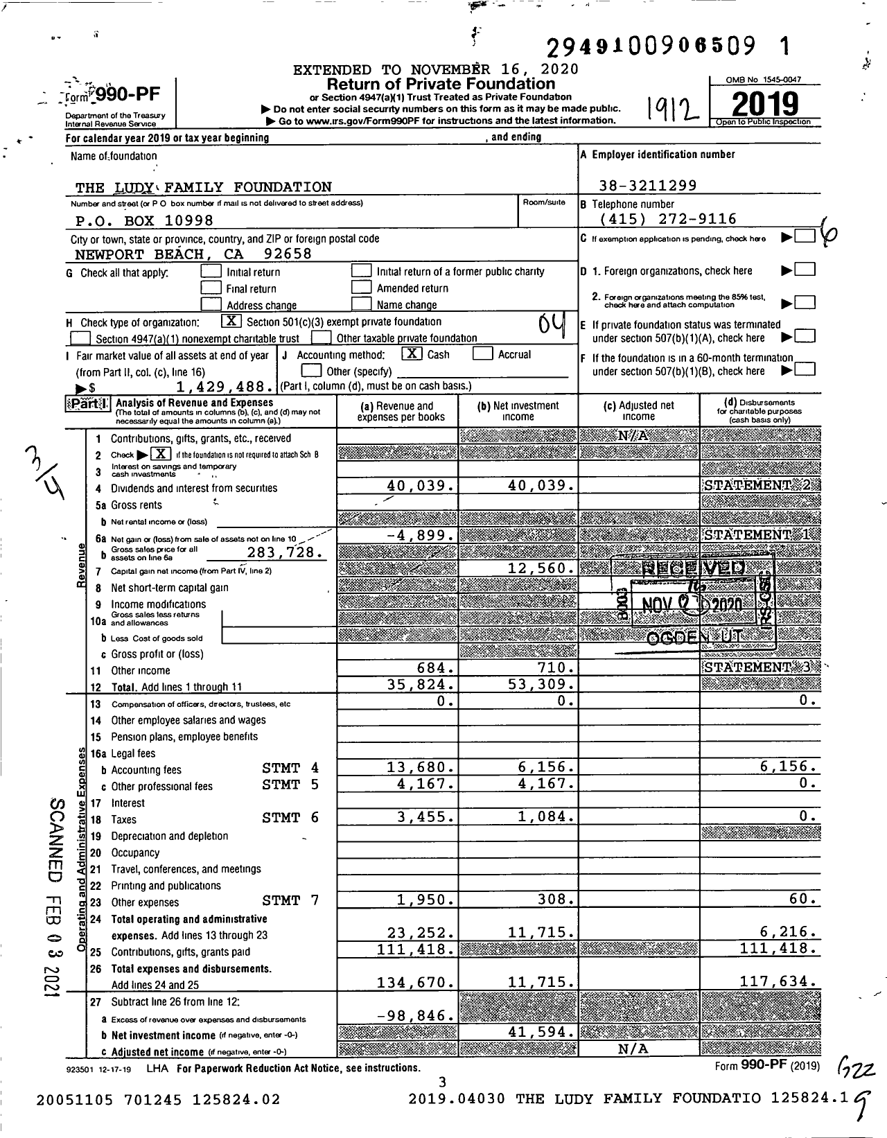 Image of first page of 2019 Form 990PF for The Ludy Family Foundation