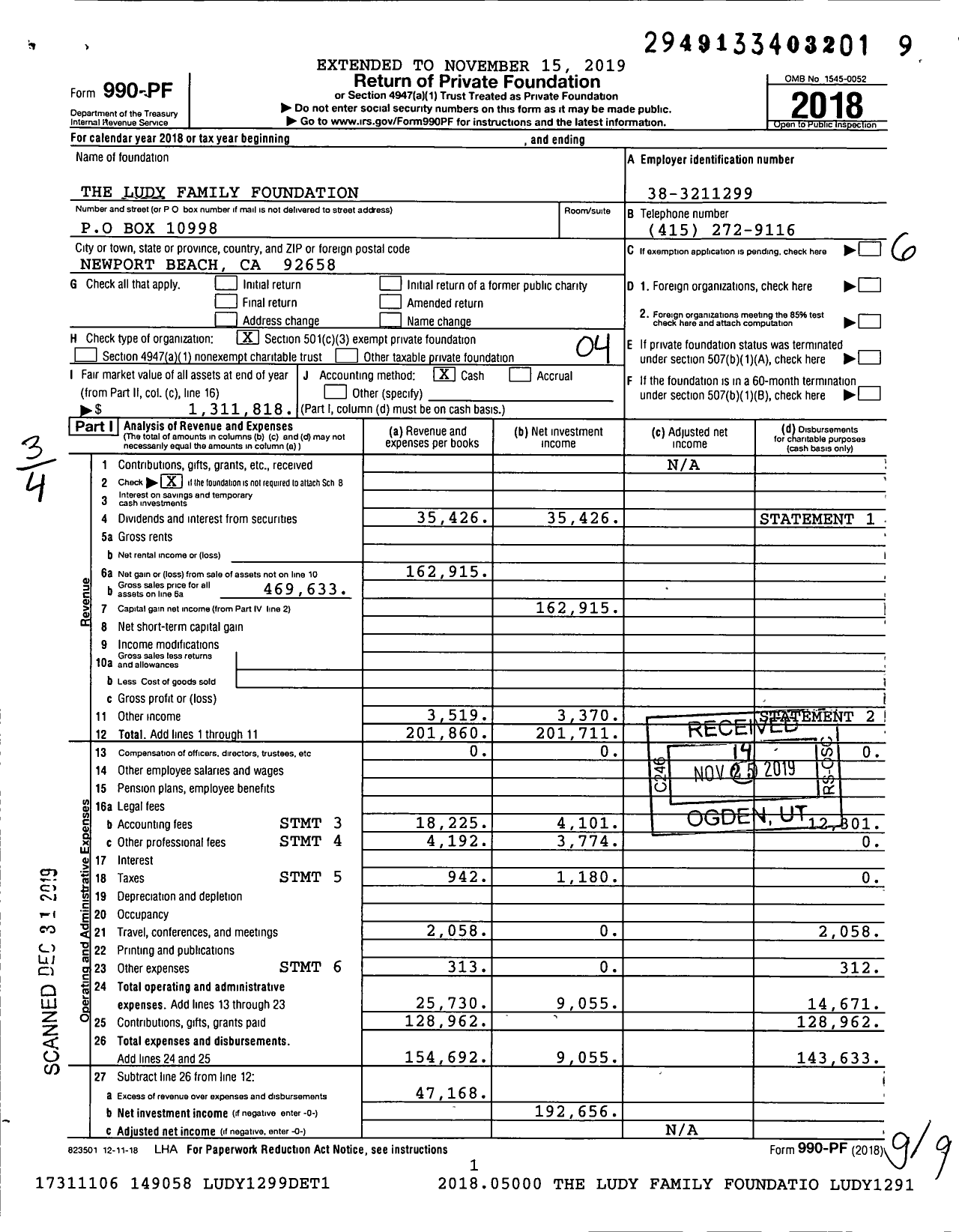 Image of first page of 2018 Form 990PF for The Ludy Family Foundation