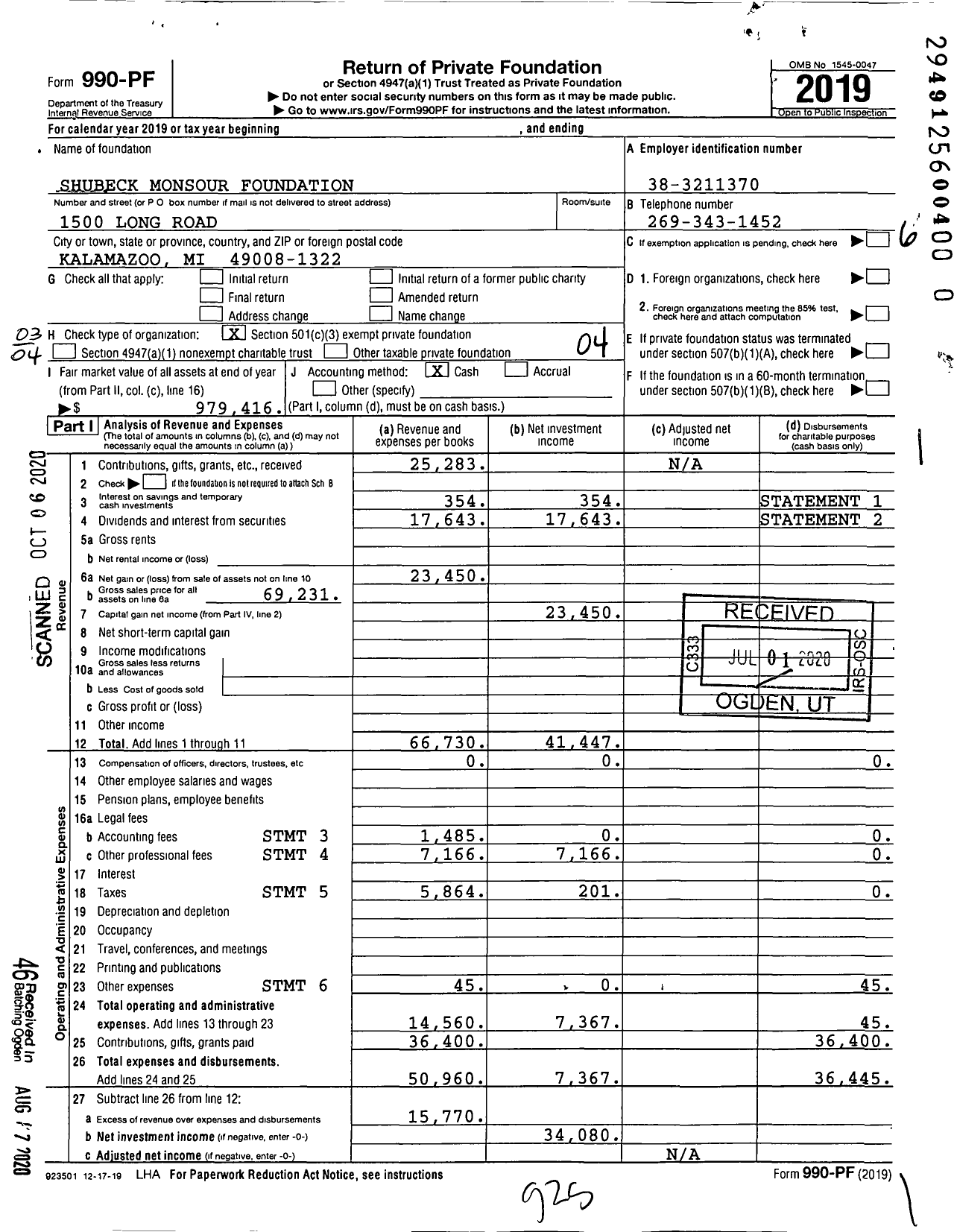 Image of first page of 2019 Form 990PR for Shubeck Monsour Foundation