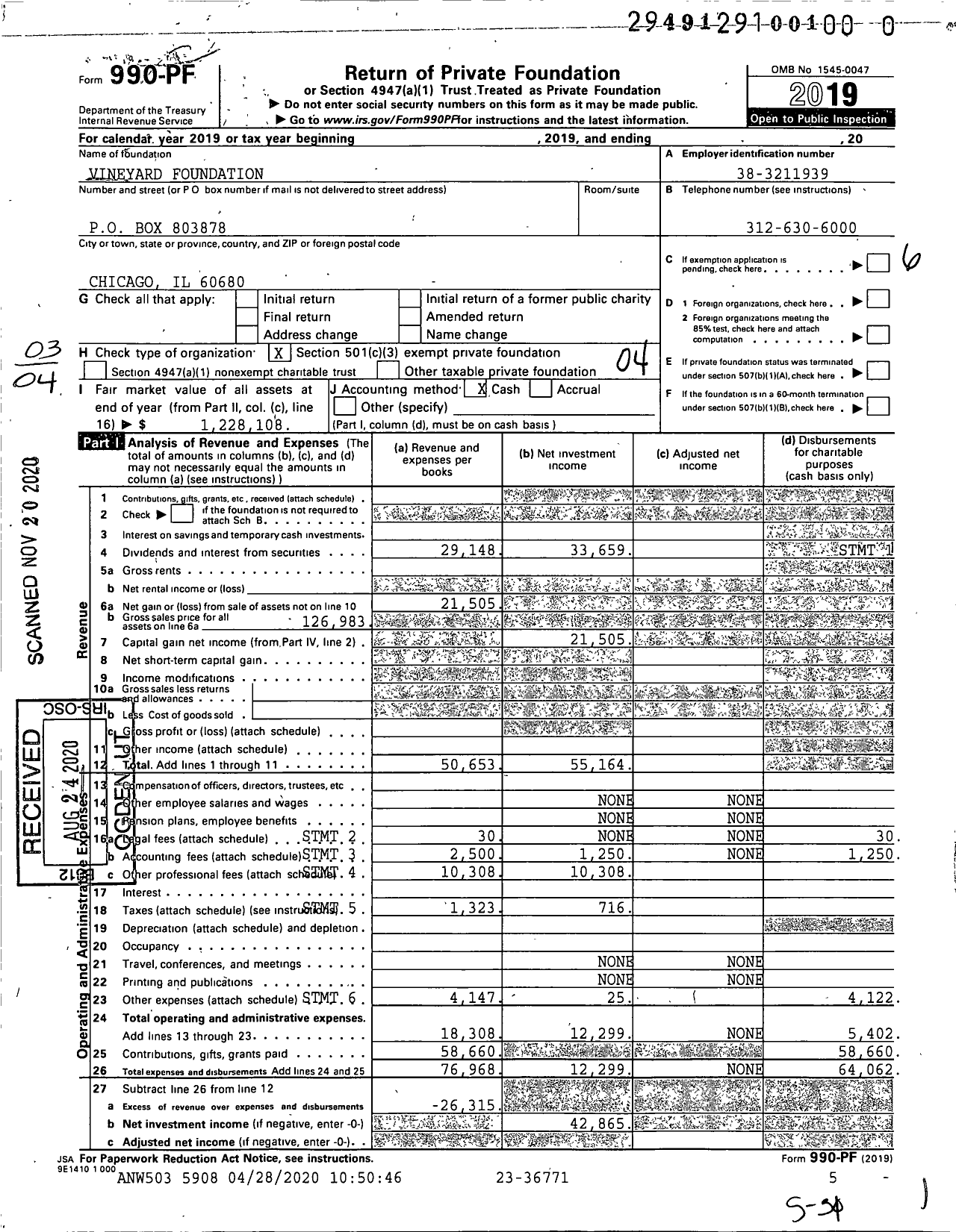 Image of first page of 2019 Form 990PF for Vineyard Foundation