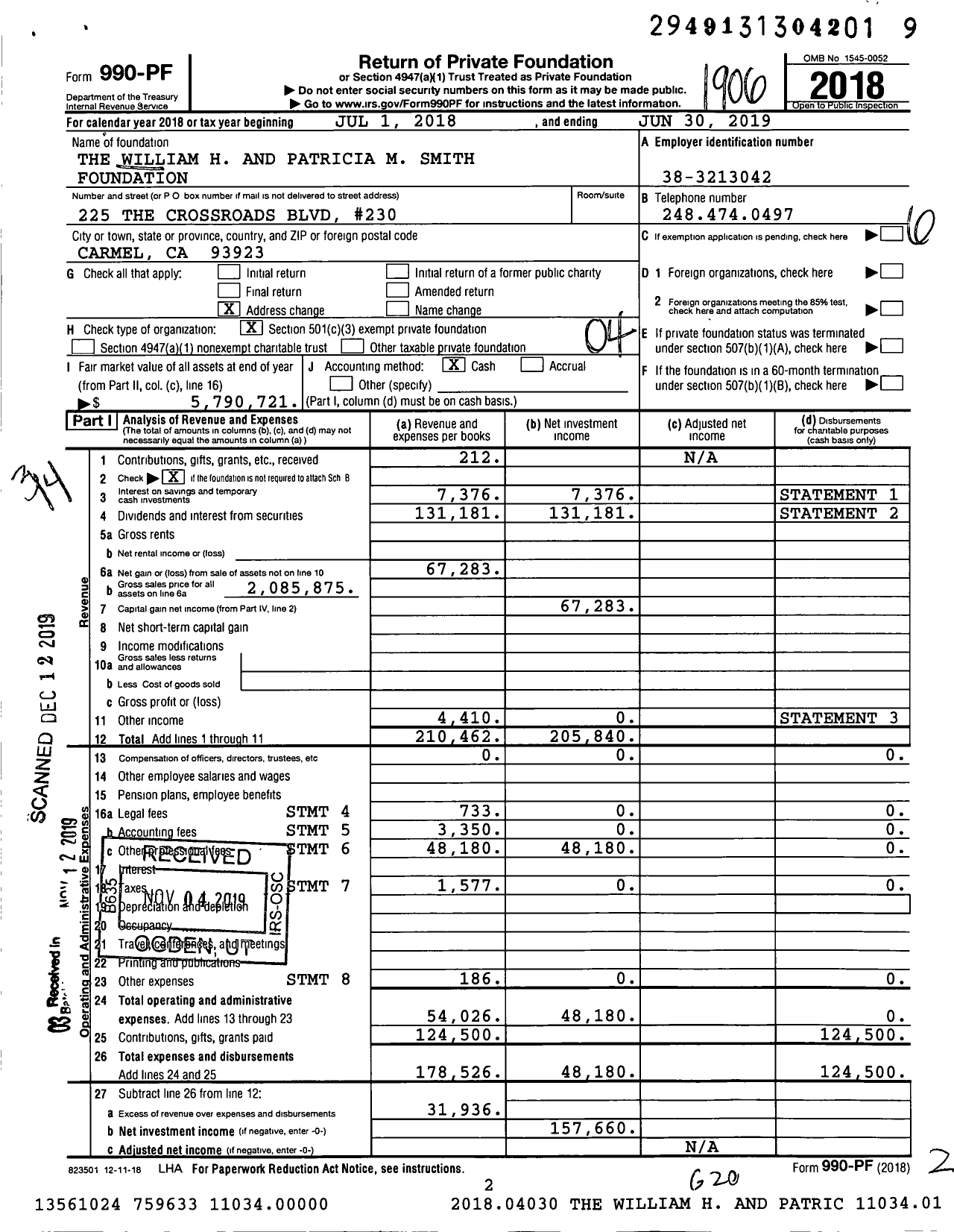 Image of first page of 2018 Form 990PF for The William H and Patricia M Smith Foundation