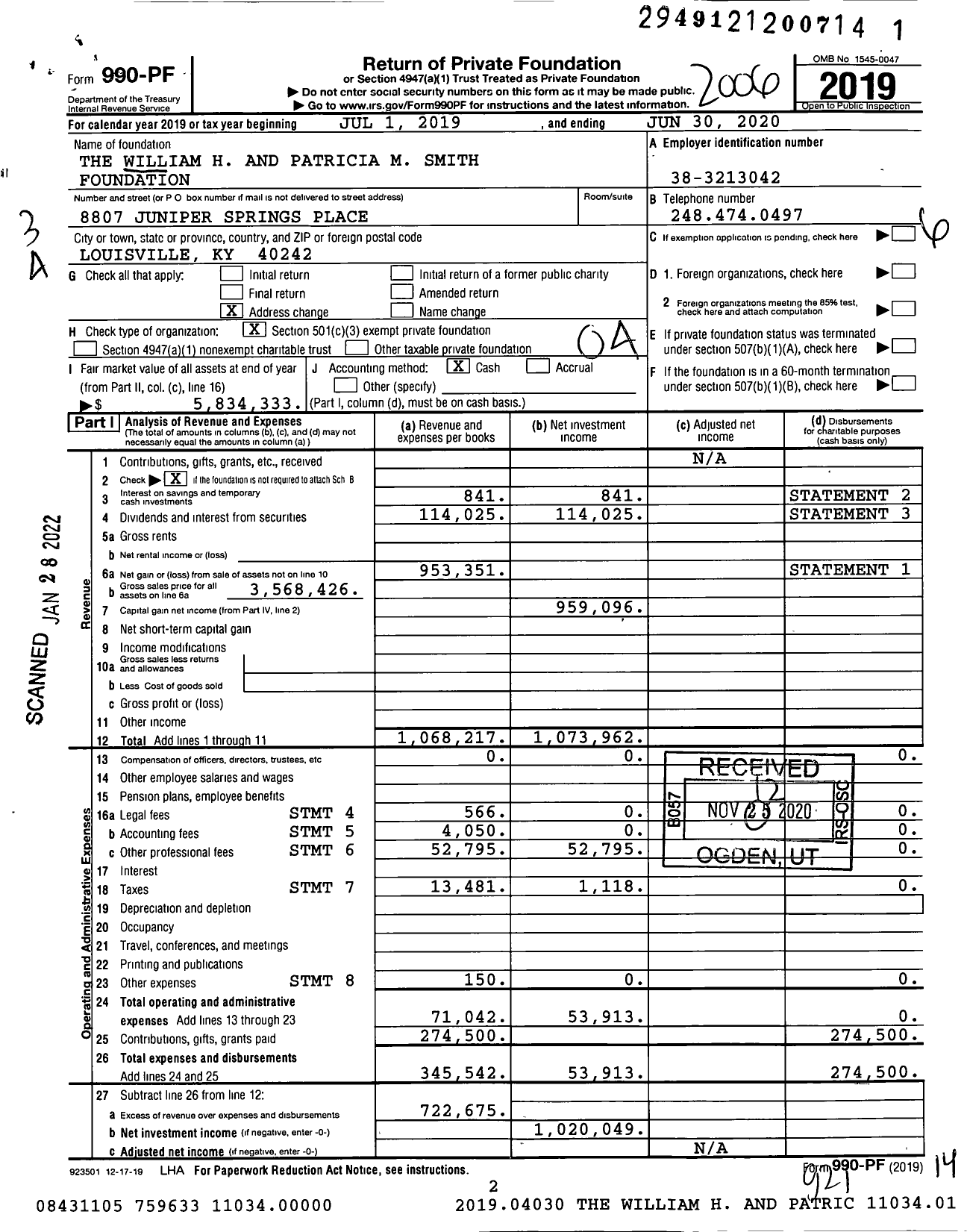 Image of first page of 2019 Form 990PF for The William H and Patricia M Smith Foundation