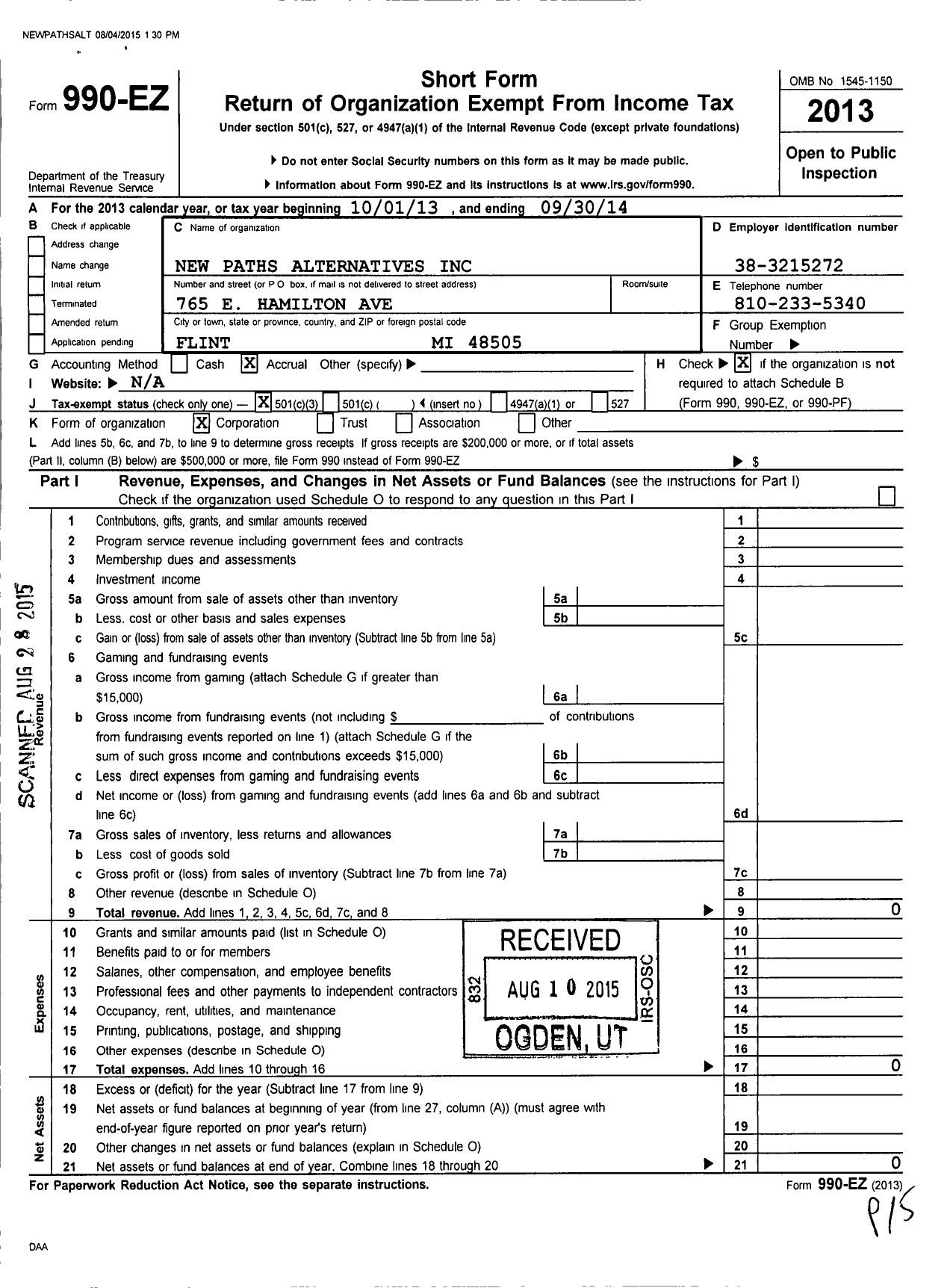 Image of first page of 2013 Form 990EZ for New Paths Alternatives