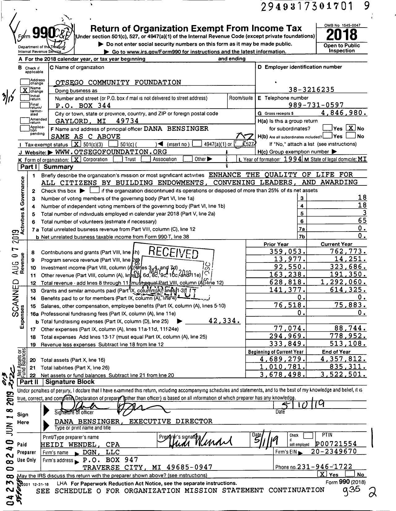 Image of first page of 2018 Form 990 for Otsego Community Foundation