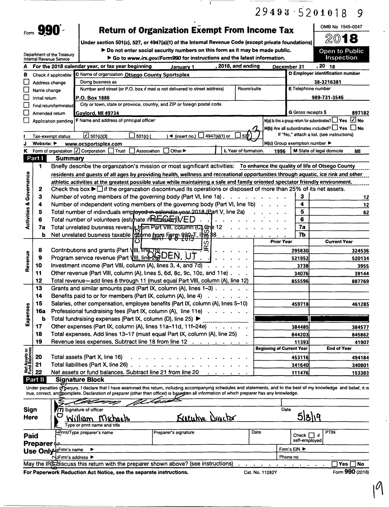 Image of first page of 2018 Form 990 for Otsego County Sportsplex