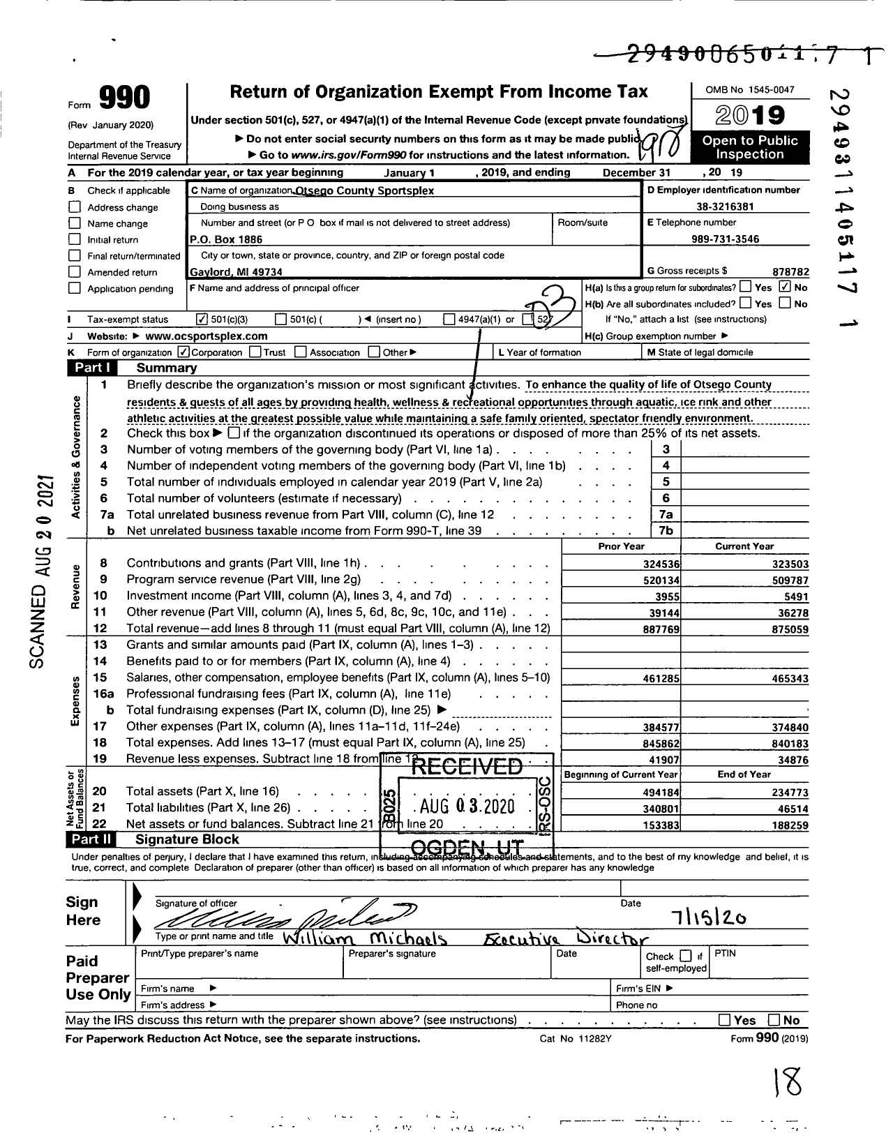 Image of first page of 2019 Form 990 for Otsego County Sportsplex