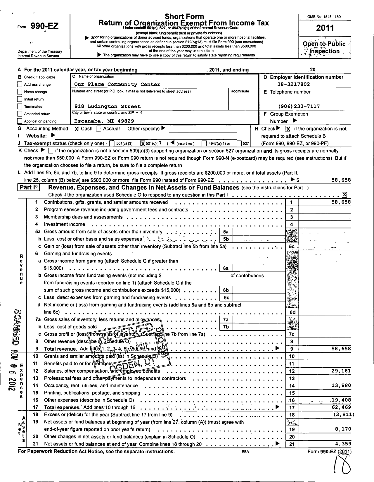 Image of first page of 2011 Form 990EO for Our Place Community Center