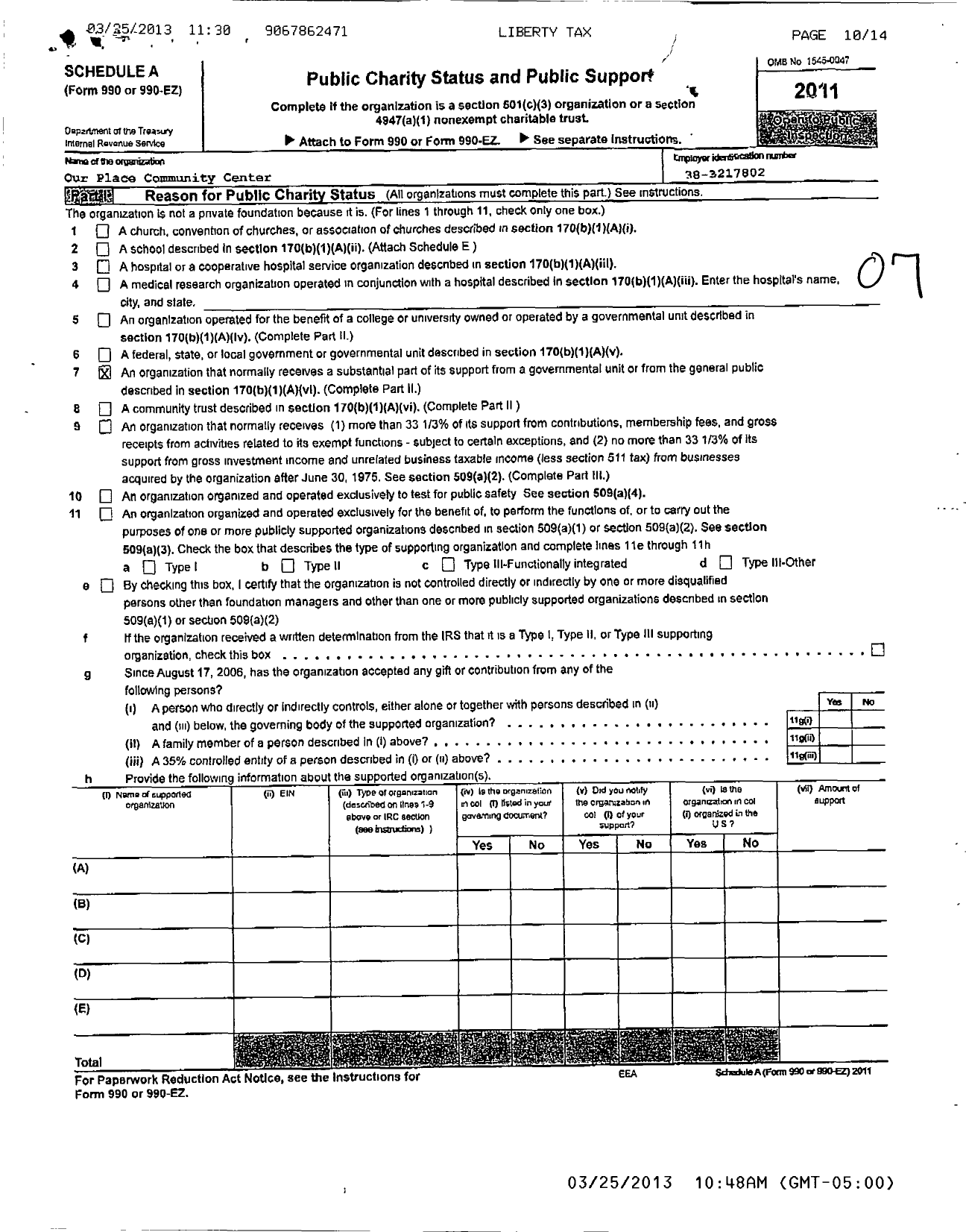 Image of first page of 2011 Form 990ER for Our Place Community Center