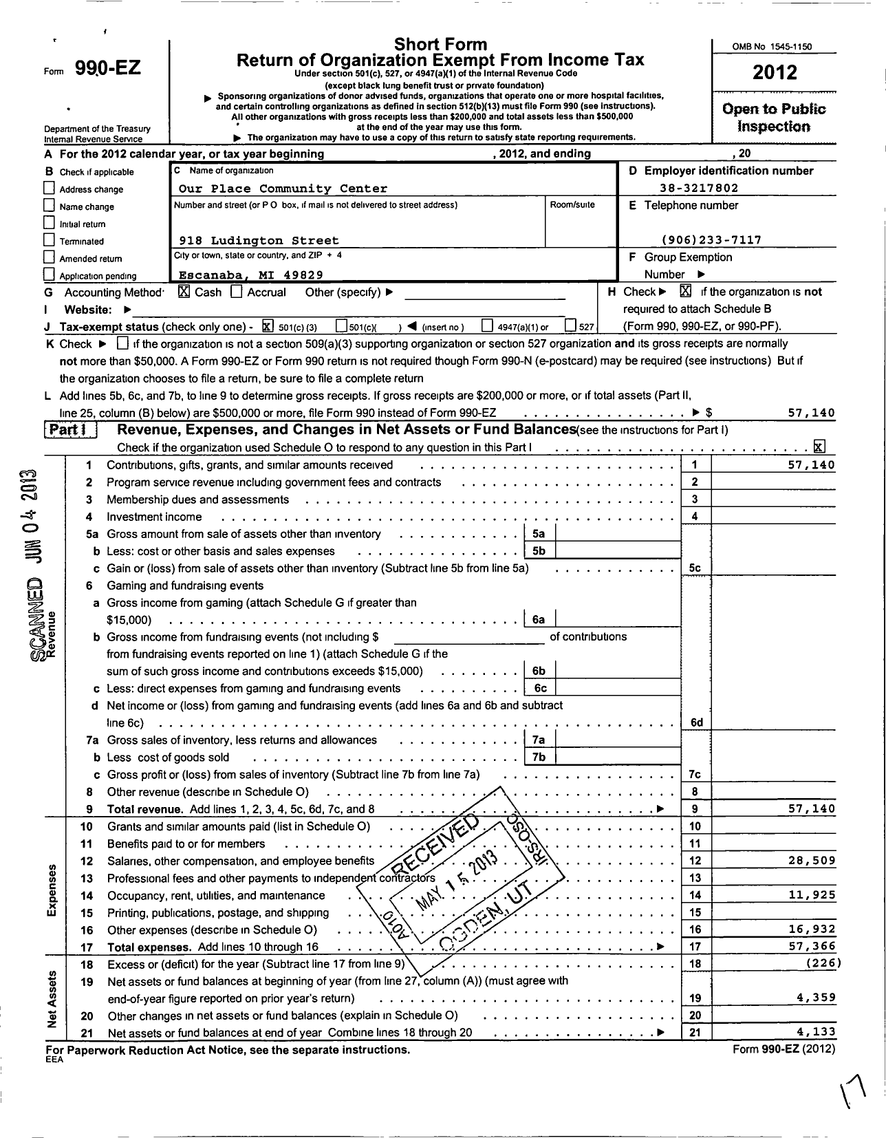 Image of first page of 2012 Form 990EZ for Our Place Community Center