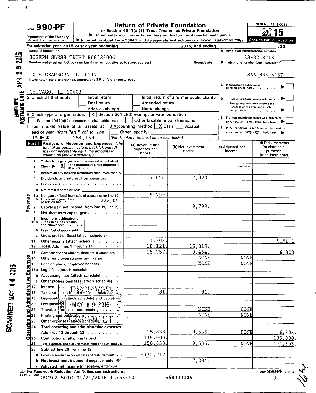 Image of first page of 2015 Form 990PF for Joseph Gless Trust