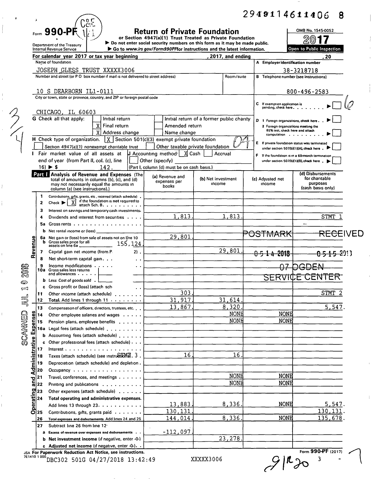 Image of first page of 2017 Form 990PF for Joseph Gless Trust