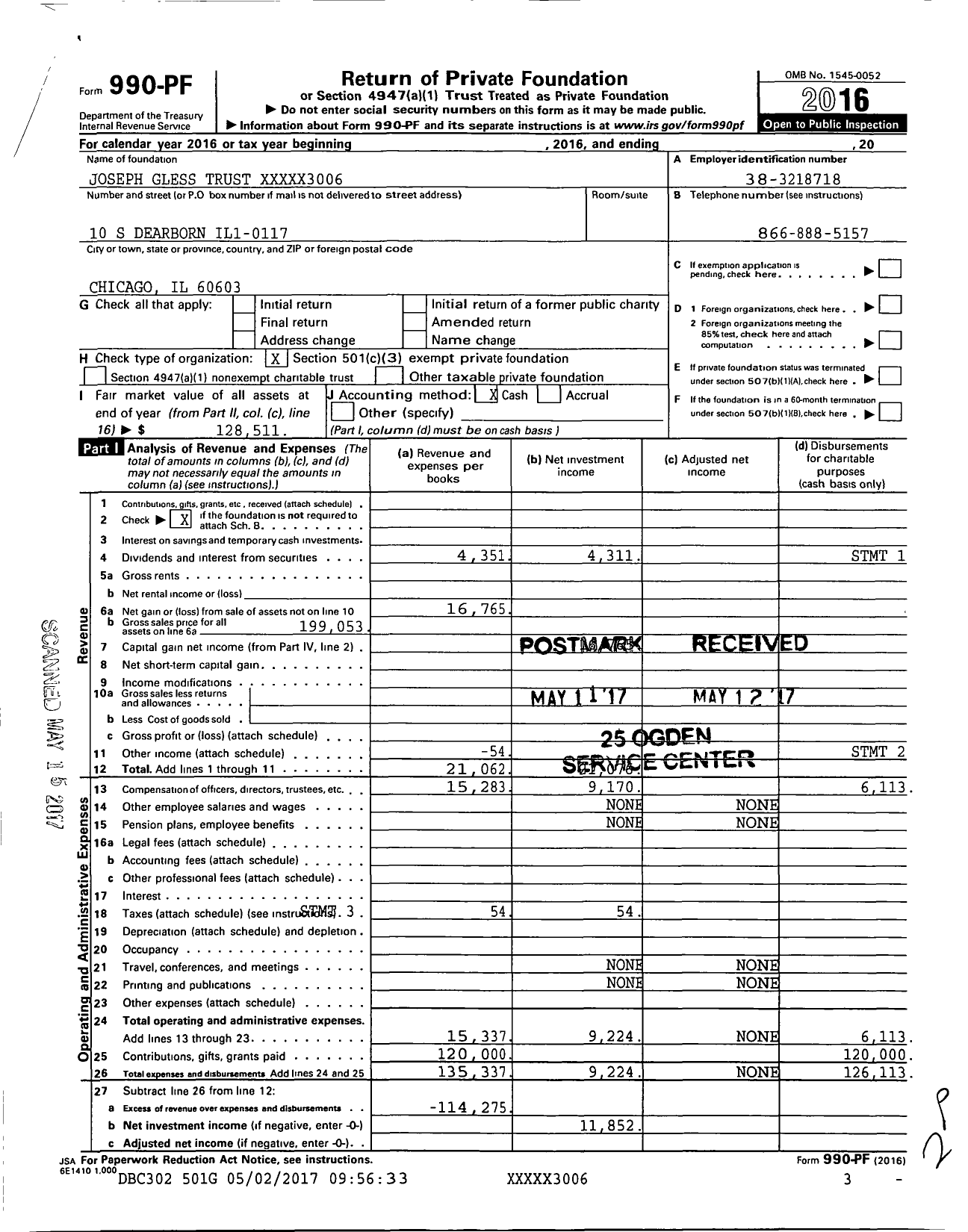 Image of first page of 2016 Form 990PF for Joseph Gless Trust