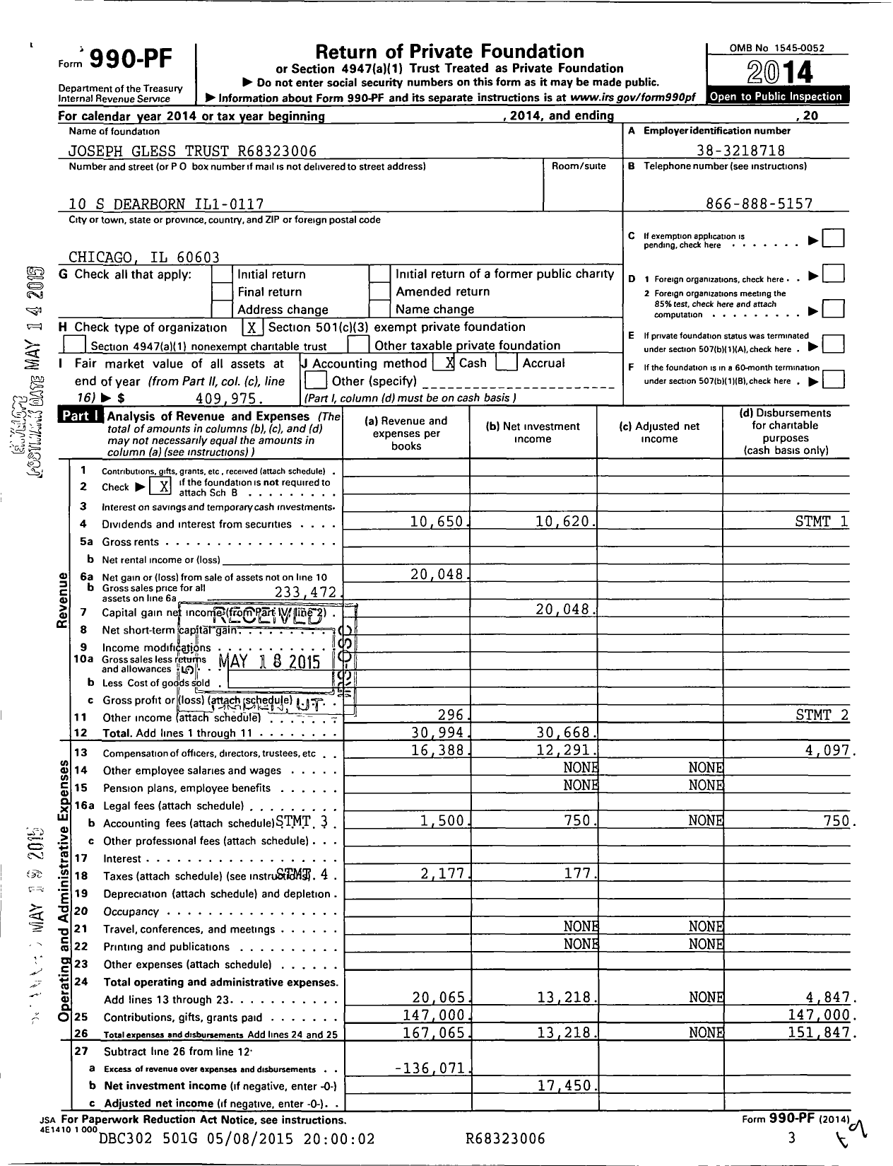 Image of first page of 2014 Form 990PF for Joseph Gless Trust