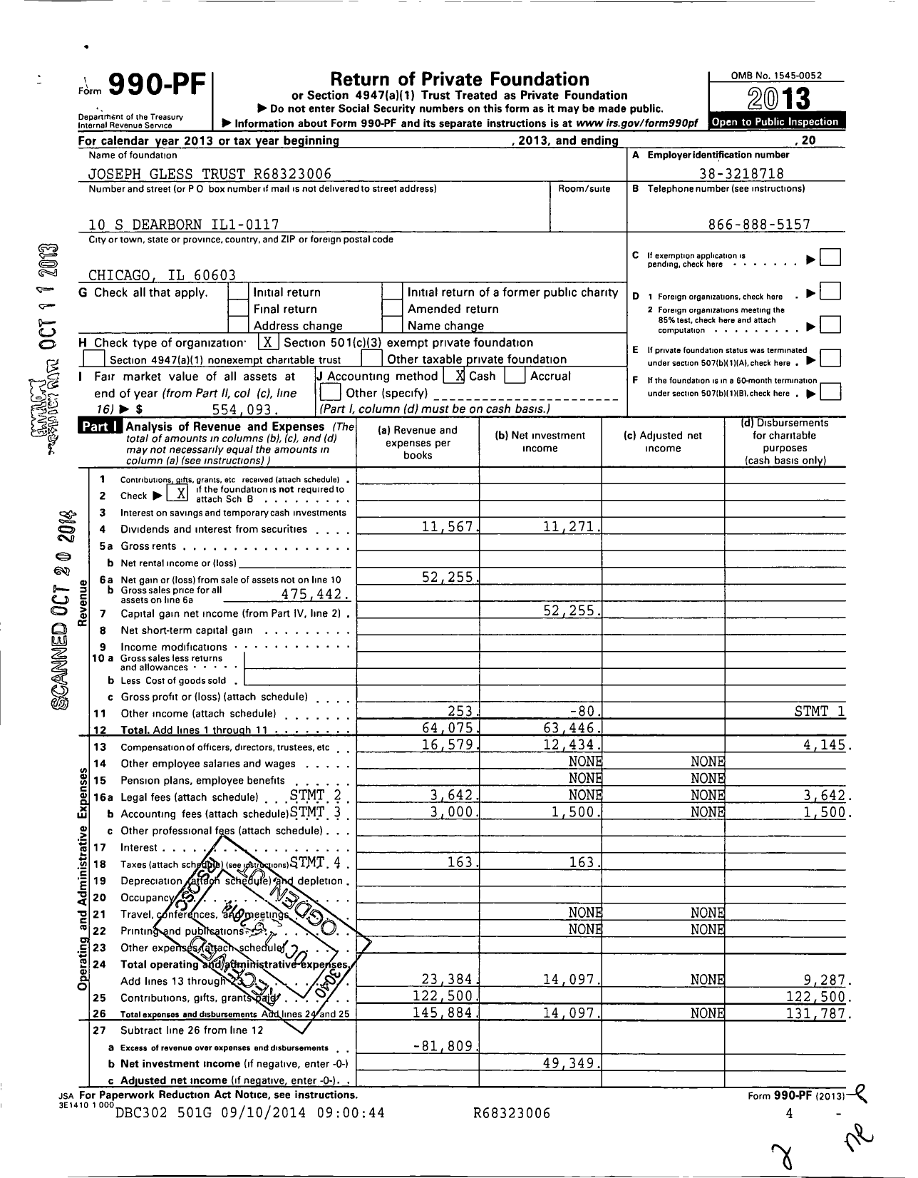 Image of first page of 2013 Form 990PF for Joseph Gless Trust