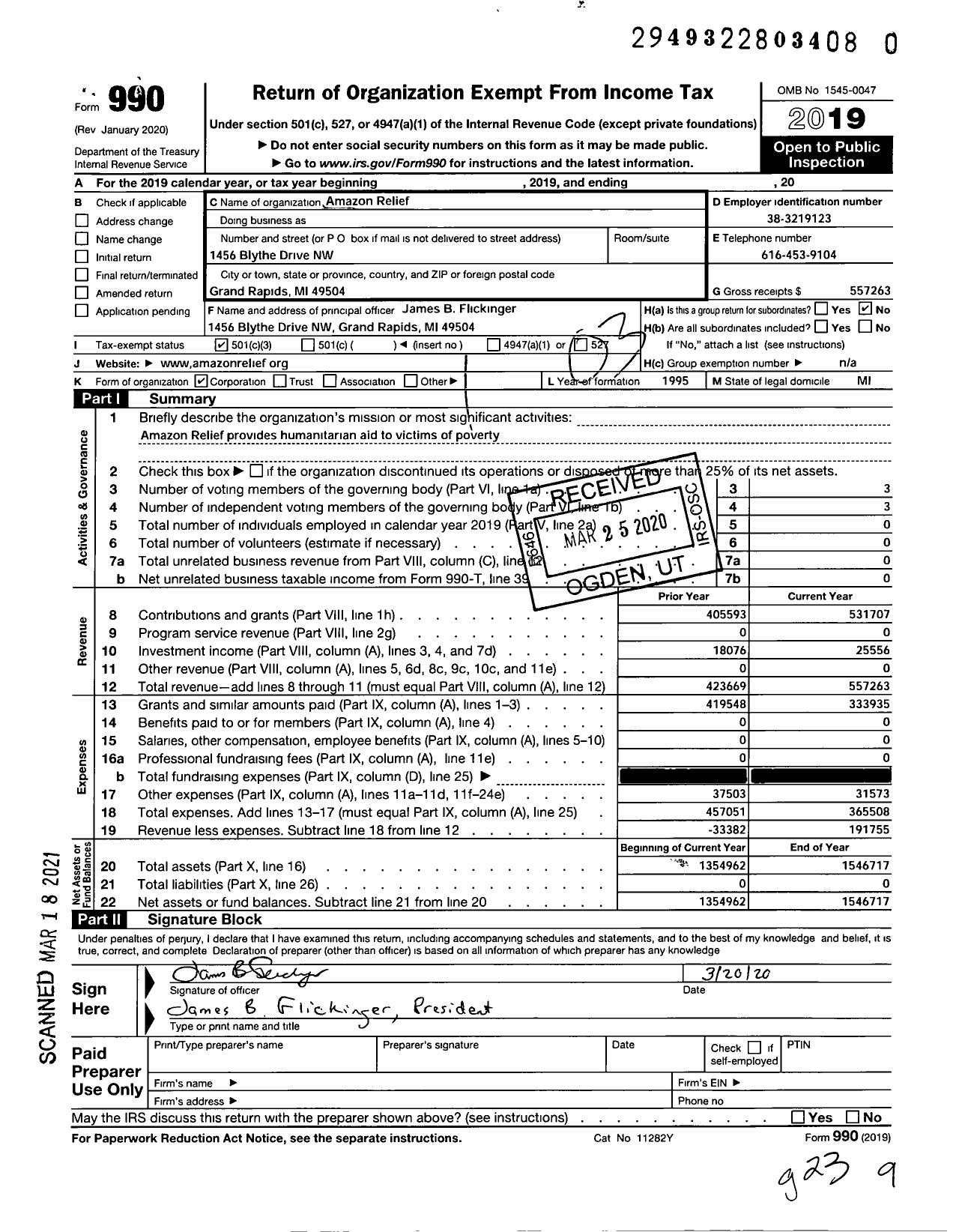 Image of first page of 2019 Form 990 for Amazon Relief