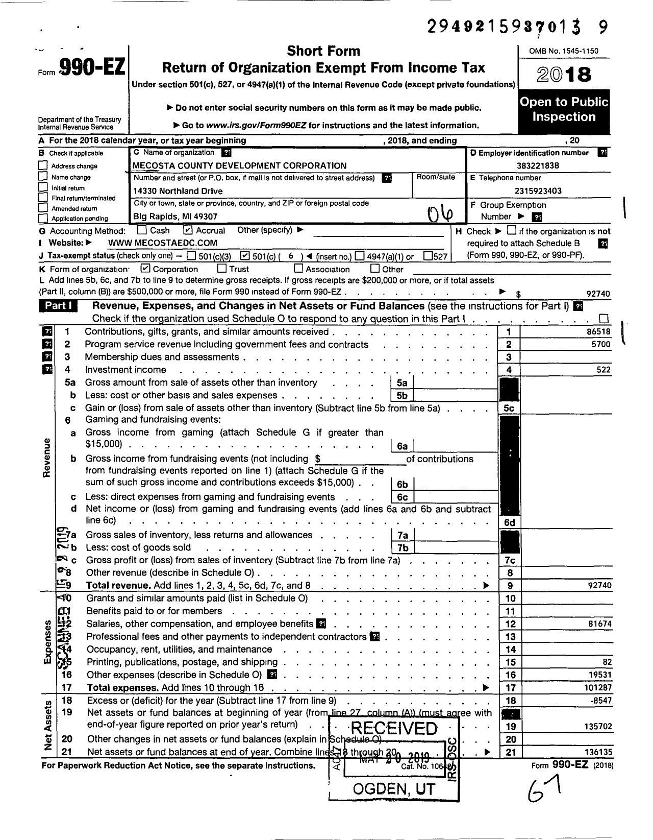 Image of first page of 2018 Form 990EO for Mecosta County Economic Development Corporation