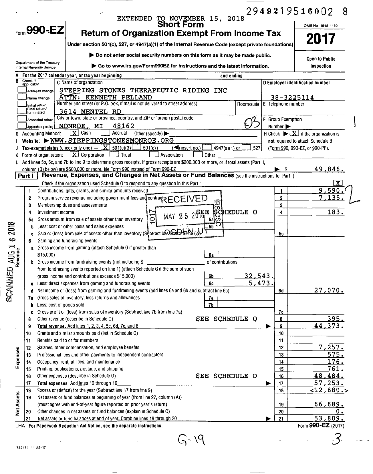 Image of first page of 2017 Form 990EZ for Stepping Stones Therapeutic Riding