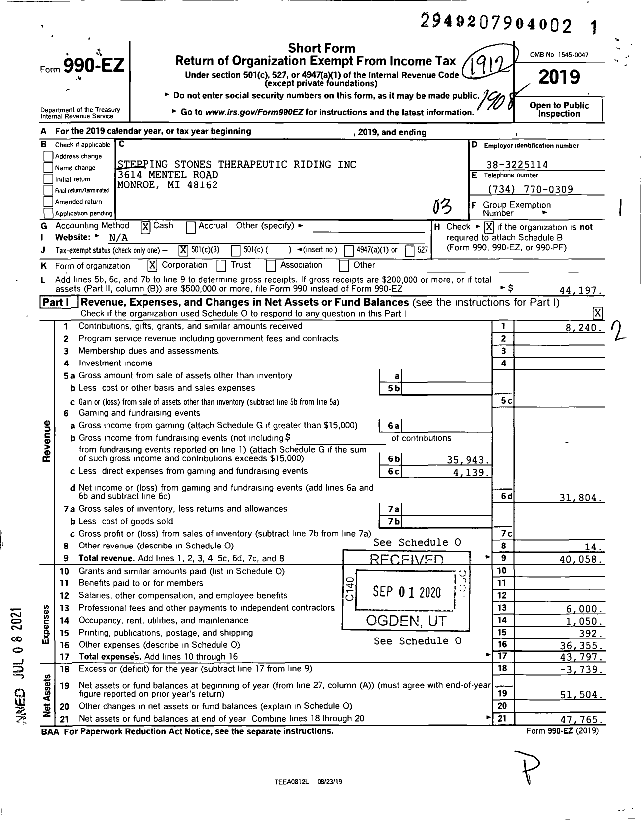 Image of first page of 2018 Form 990EZ for Stepping Stones Therapeutic Riding