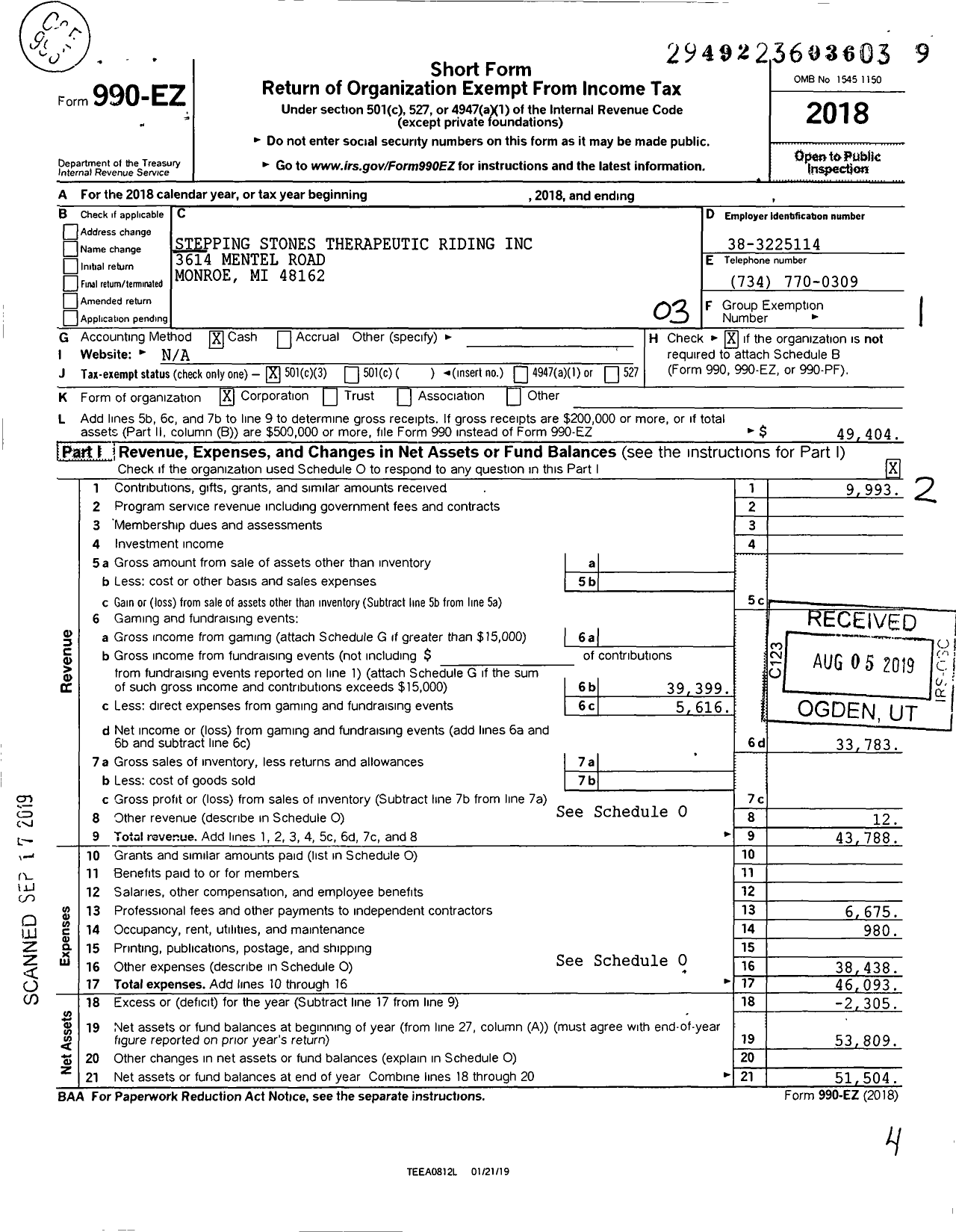 Image of first page of 2018 Form 990EZ for Stepping Stones Therapeutic Riding