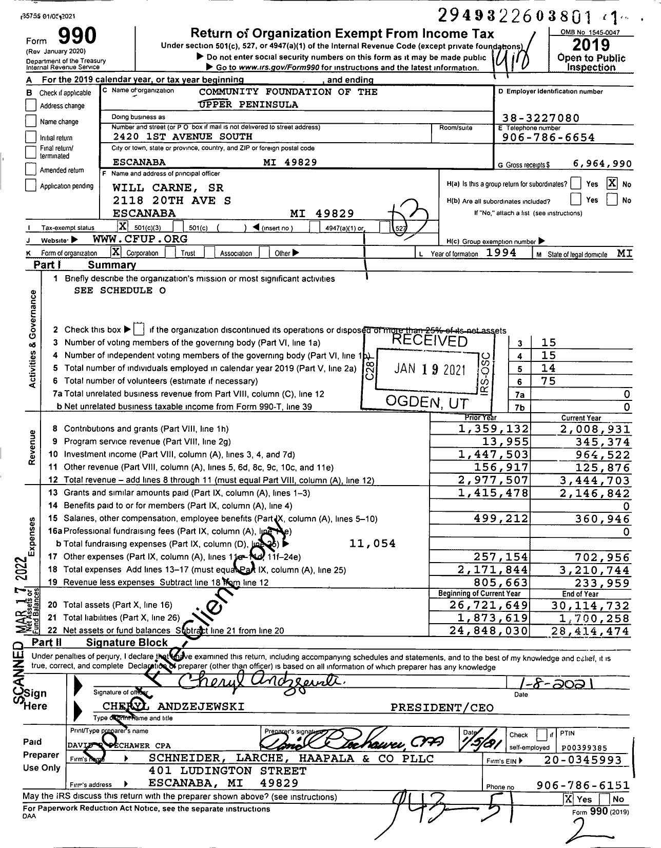 Image of first page of 2019 Form 990 for Community Foundation of the Upper Peninsula