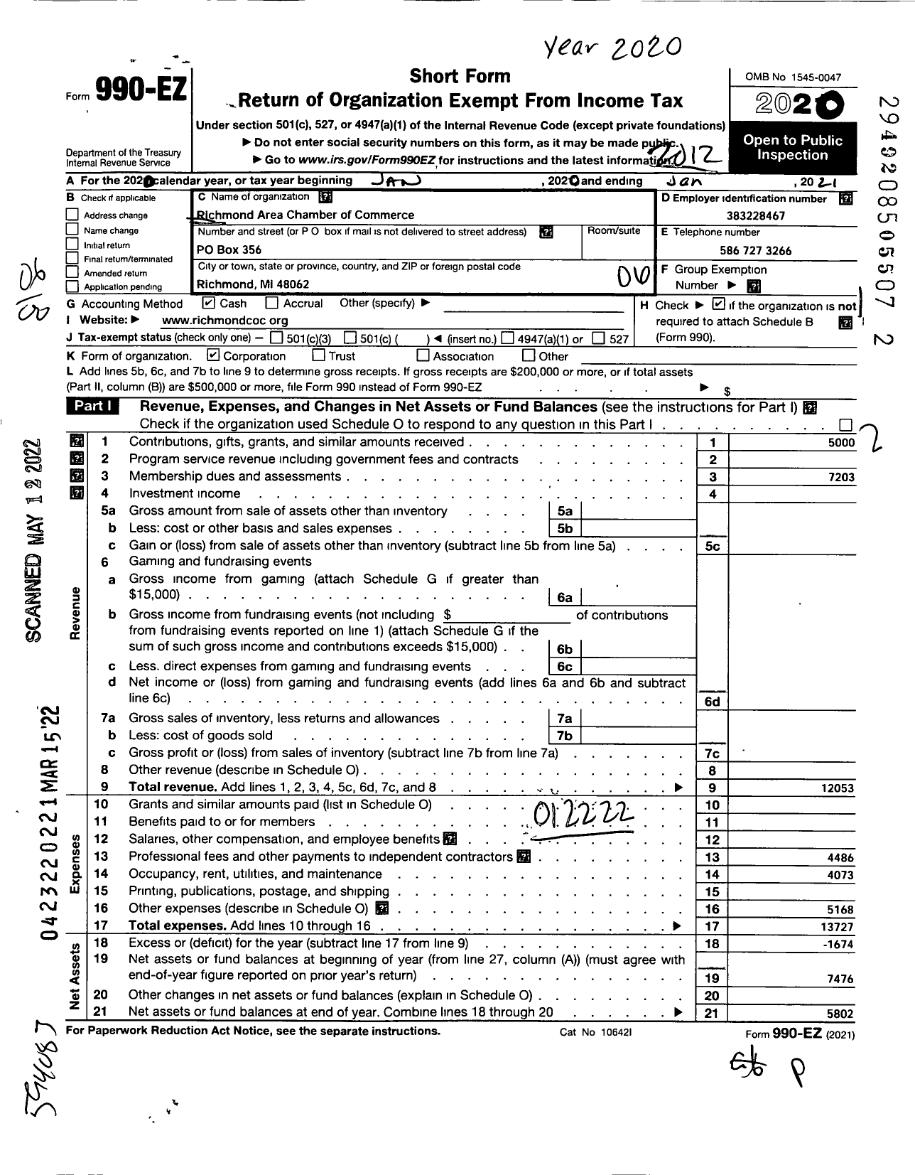 Image of first page of 2020 Form 990EO for Richmond Area Chamber of Commerce